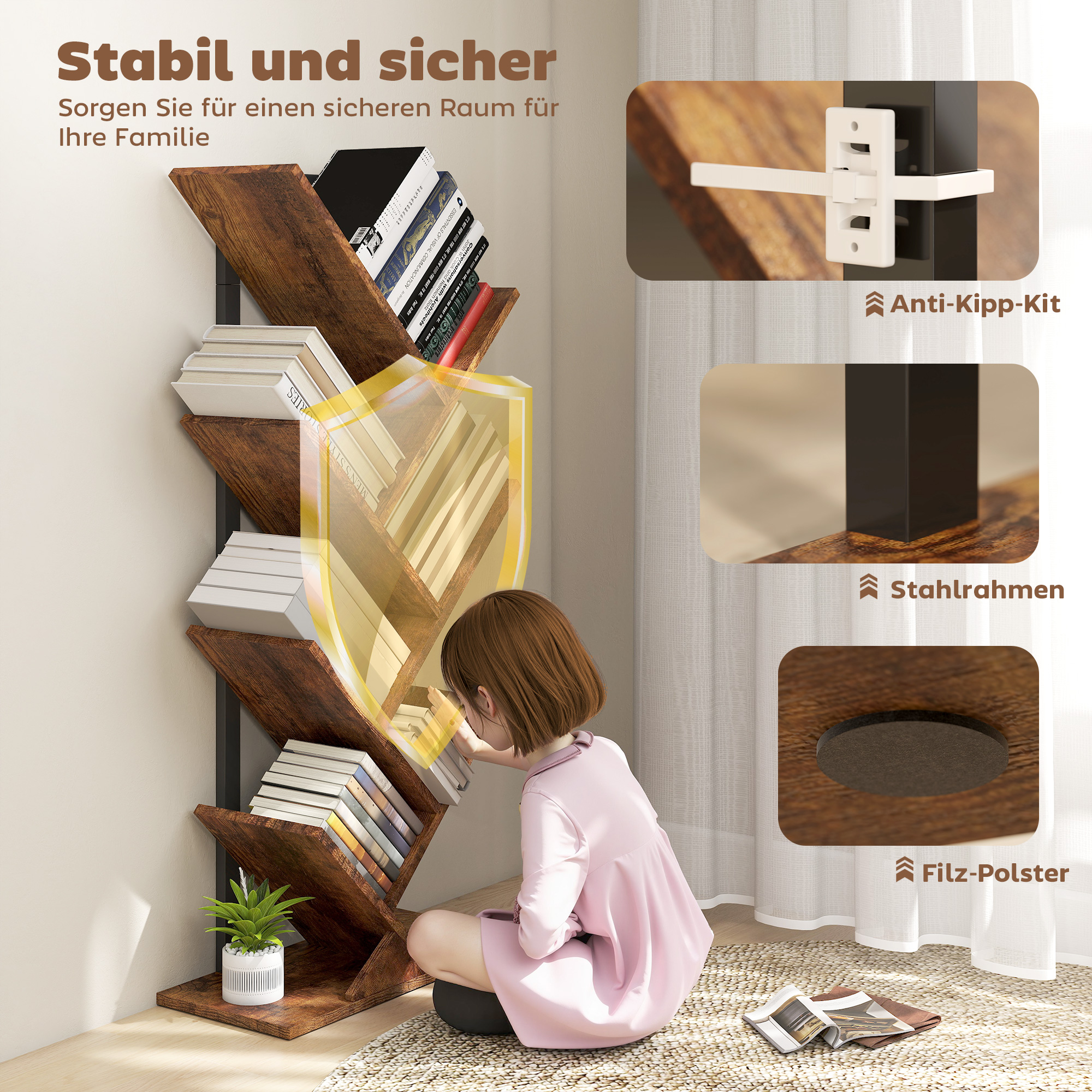 Bücherregal Standregal mit 7 Ebenen Schmal Regal im Baumform für Büro, Rustikal Braun