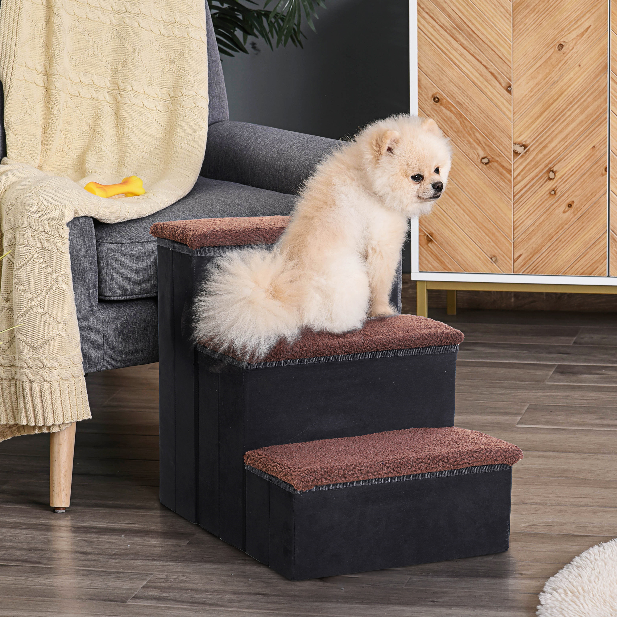 Haustiertreppe Katzentreppe Hundetreppe Faltbar 3 Stufen Tiertreppe mit Stauraum für Katzen und Hunde MDF Schwarz 40 x 54 x 48 cm