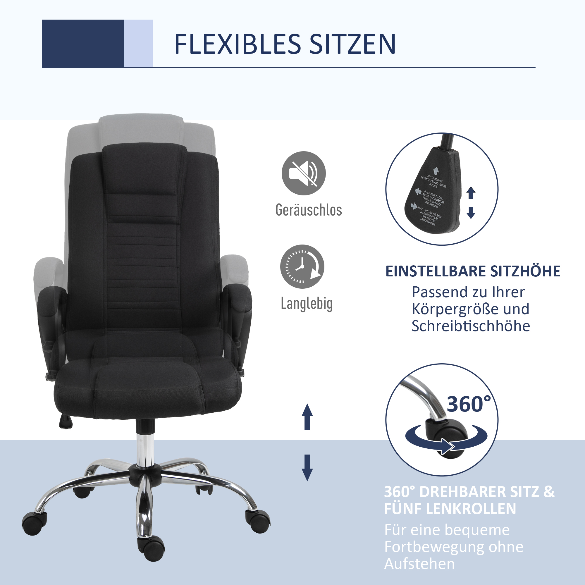 Bürostuhl Computerstuhl mit Wippenfunktion Kopfstütze ergonomischer Schreibtischstuhl drehbar höhenverstellbar Leinen-Touch Schwarz 62 x 76 x 110-119 cm