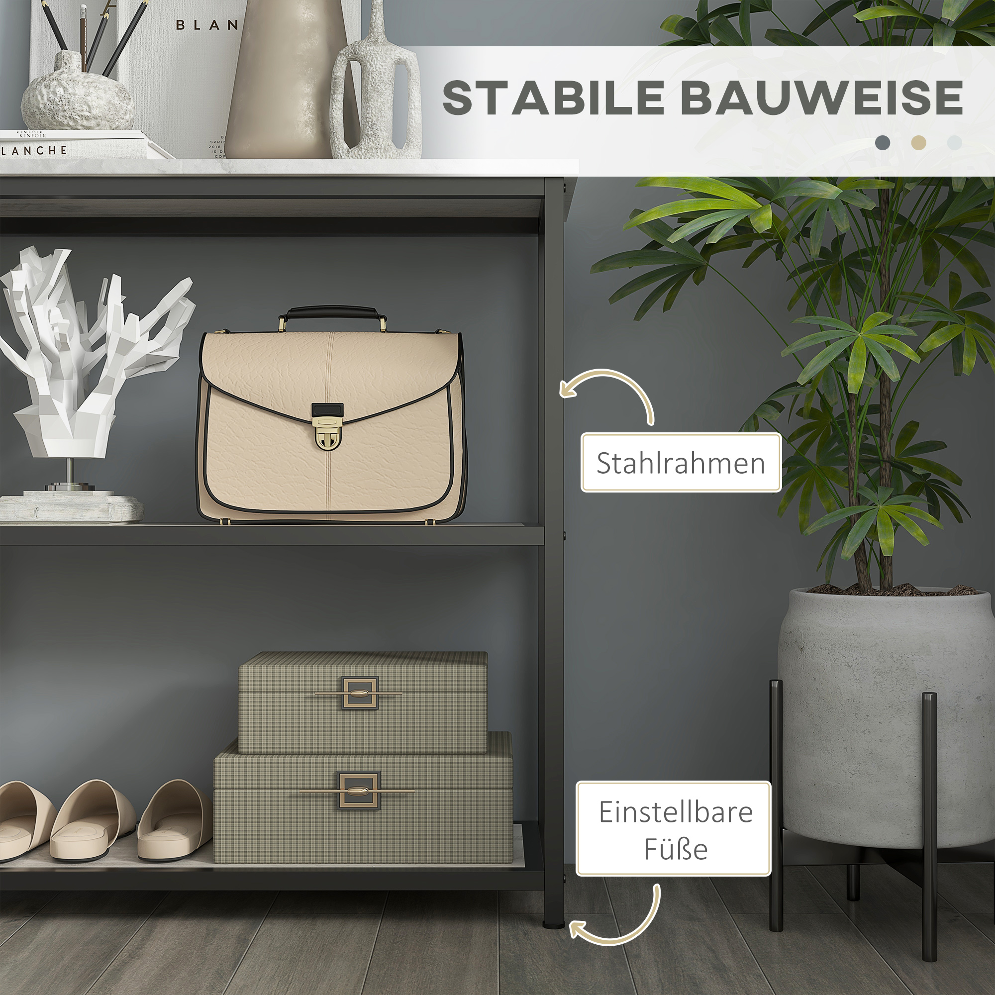 Konsolentisch im Industriedesign, 2 Regale, Marmor-Optik, Schwarz + Weiß