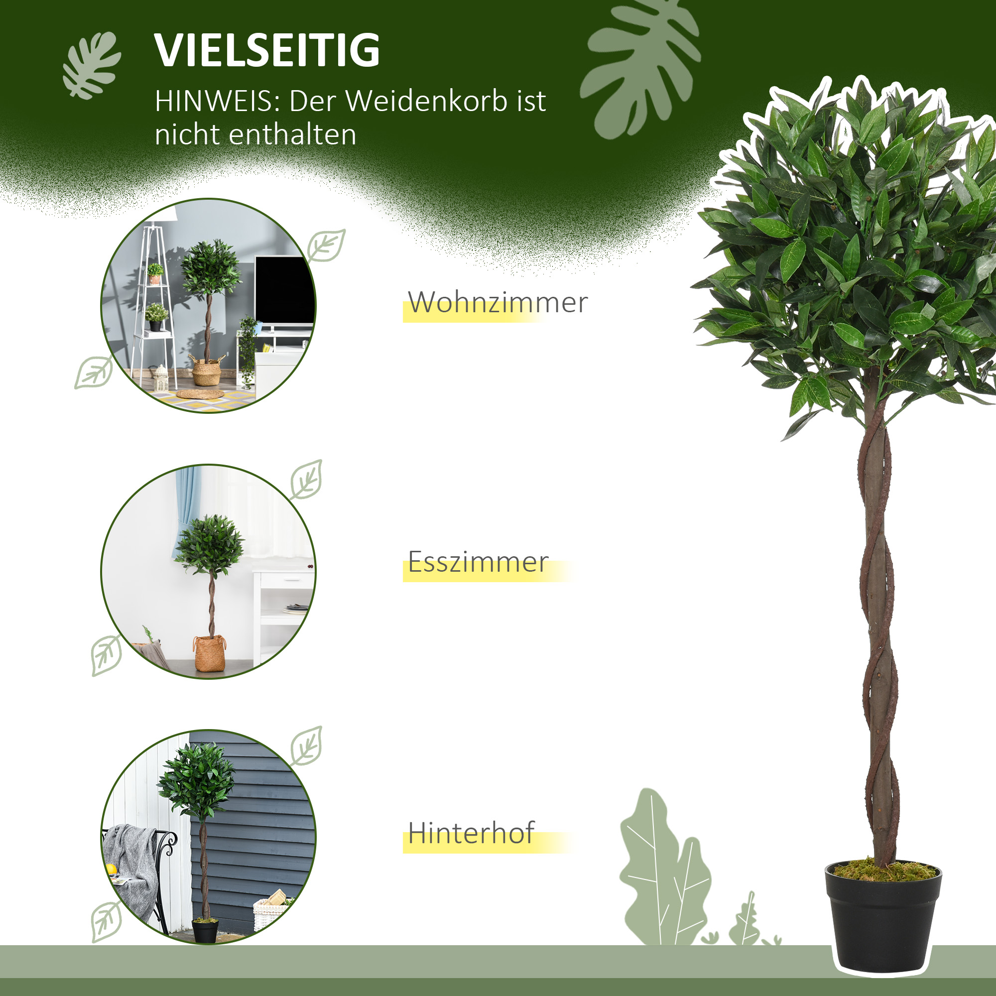 2er-Set künstlicher Lorbeerbaum, 120 cm, Kunstpflanzen im Zementtopf, Kunststoff-Pflanzen für drinnen und draußen, Grün