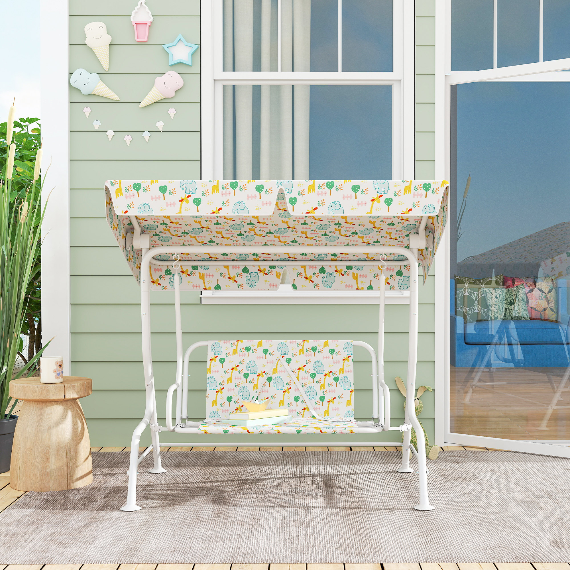 Hollywoodschaukel für Kinder, Stahlrahmen, 2-Sitzer, 60 kg belastbar, Weiß