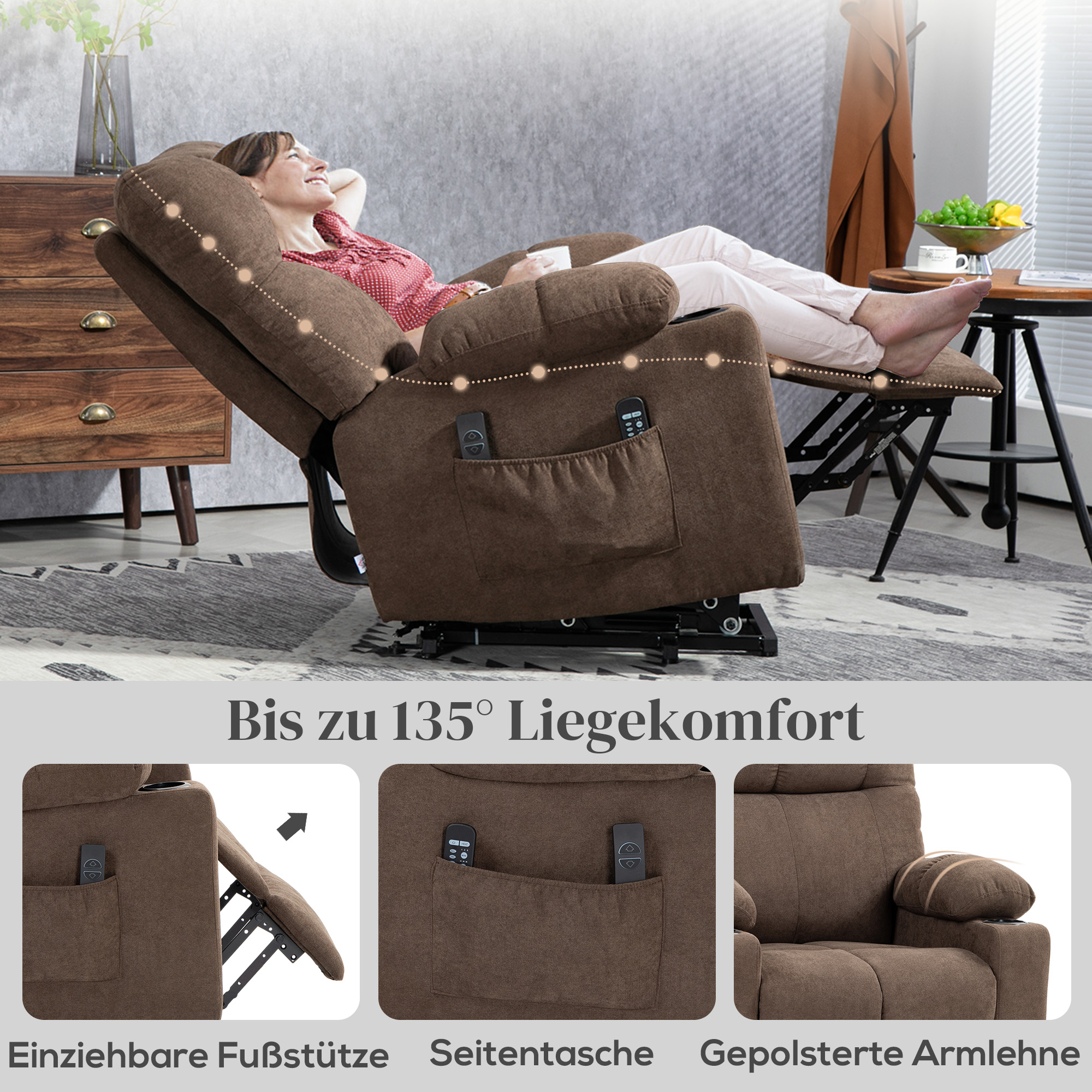 Relaxsessel mit Aufstehhilfe, elektrisch, 90x75x100cm, Braun