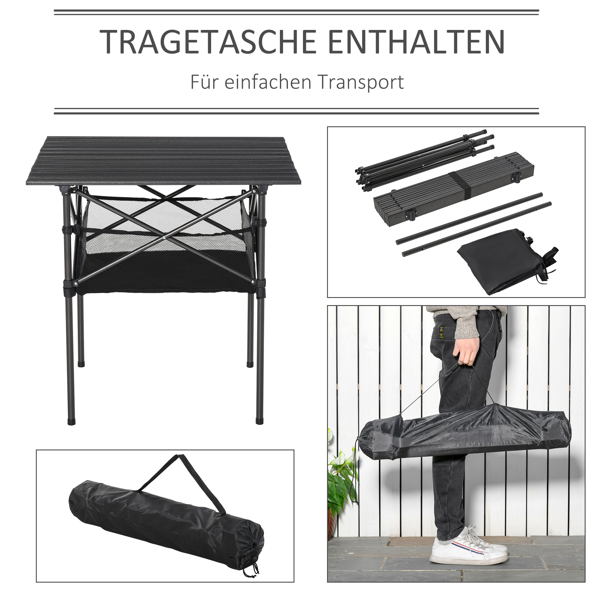 Campingtisch aus Aluminium faltbar Klapptisch Falttisch mit Netztasche tragbarer Picknicktisch für Camping Garten Party Picknick Balkon Schwarz 70 x 70 x 69 cm