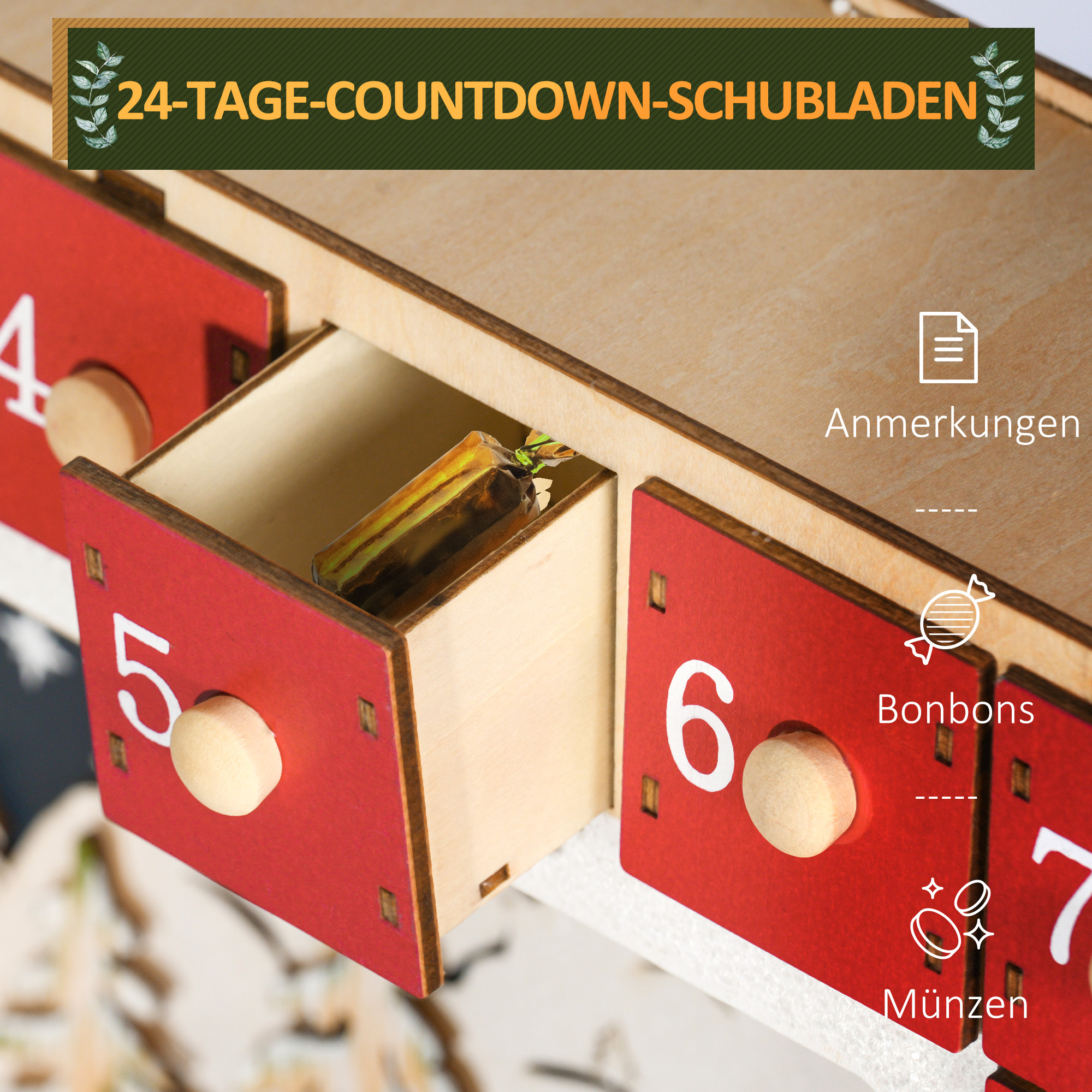 LED Adventskalender mit Dorfszene, 24 große Schubladen, MDF, 34 x 7 x 34 cm, Rot