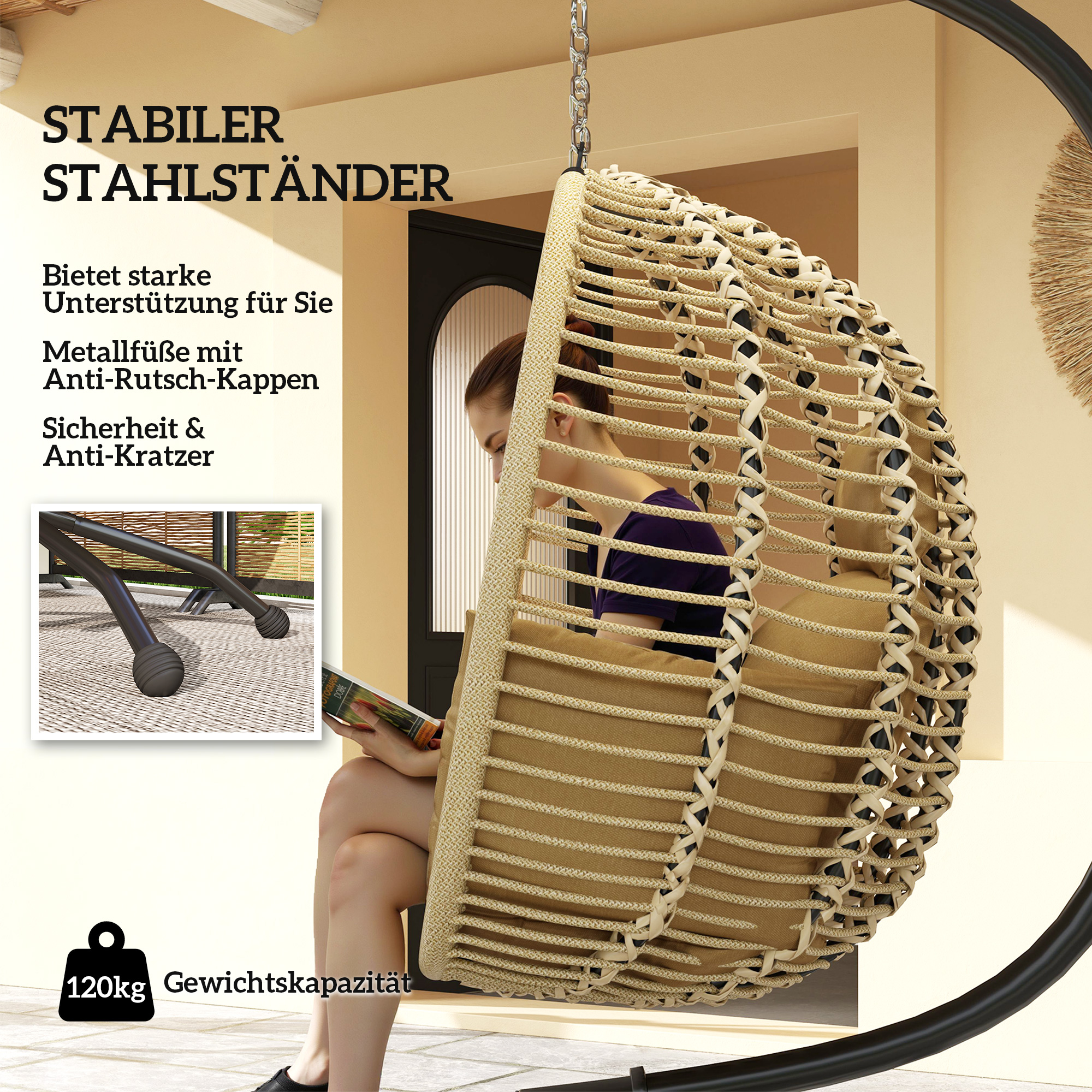 Hängesessel mit Gestell, Faltbar Eiförmiger Hängeschaukel mit waschbarem Sitz Becherhalter Sicherheitsseil Beige