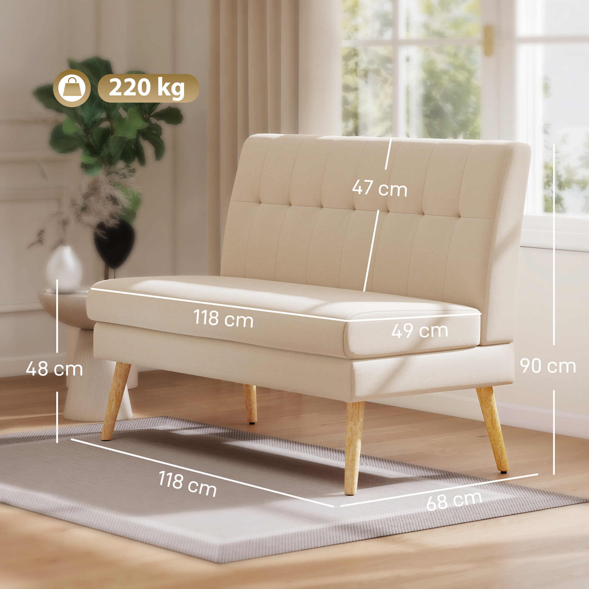 2-Sitzer-Sofa, getuftete Rückenlehne, Holzbeine, dicke Polsterung, Leinenoptik, für kleine Räume, Beige