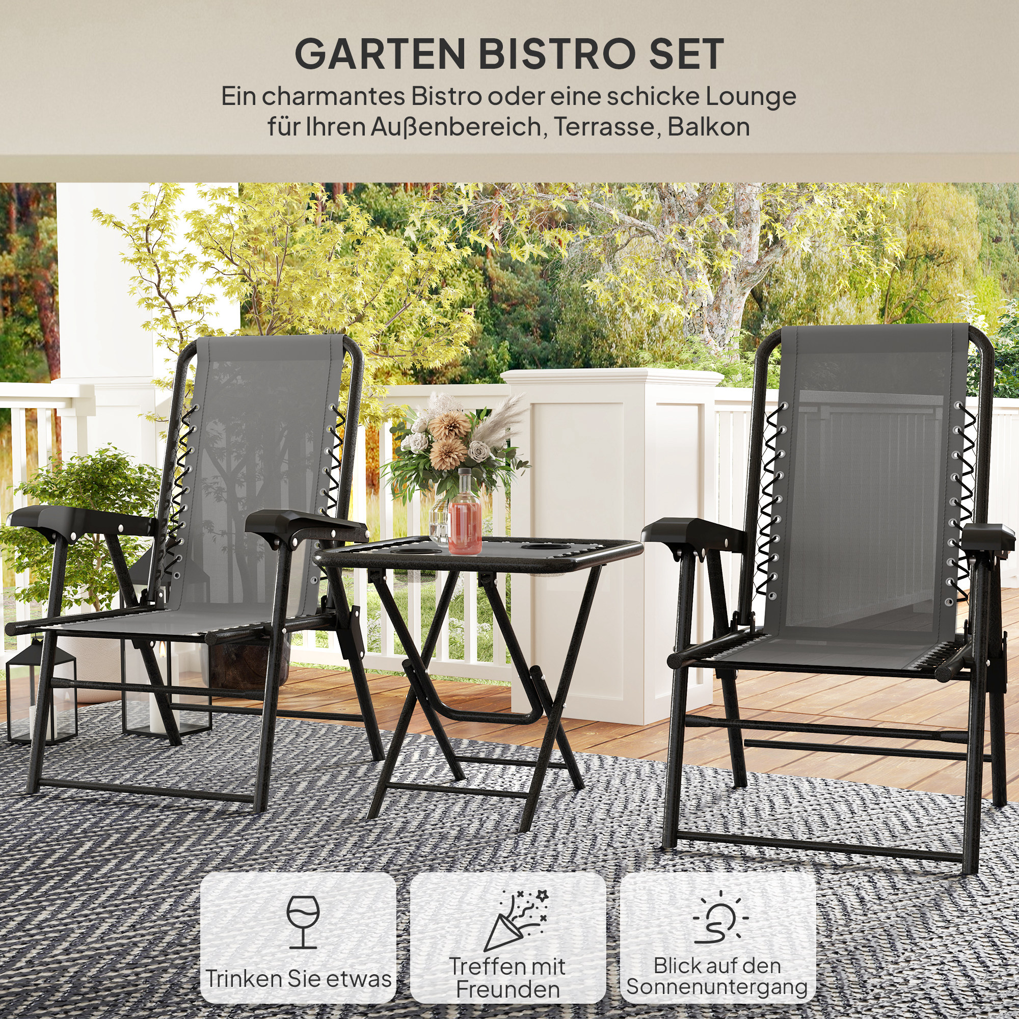 Bistro Set 3-teilig aus Stahl Wetterfest Gartenmöbel Set mit klappbar Bistrotisch Becherhalter Gartenstühlen Dunkelgrau