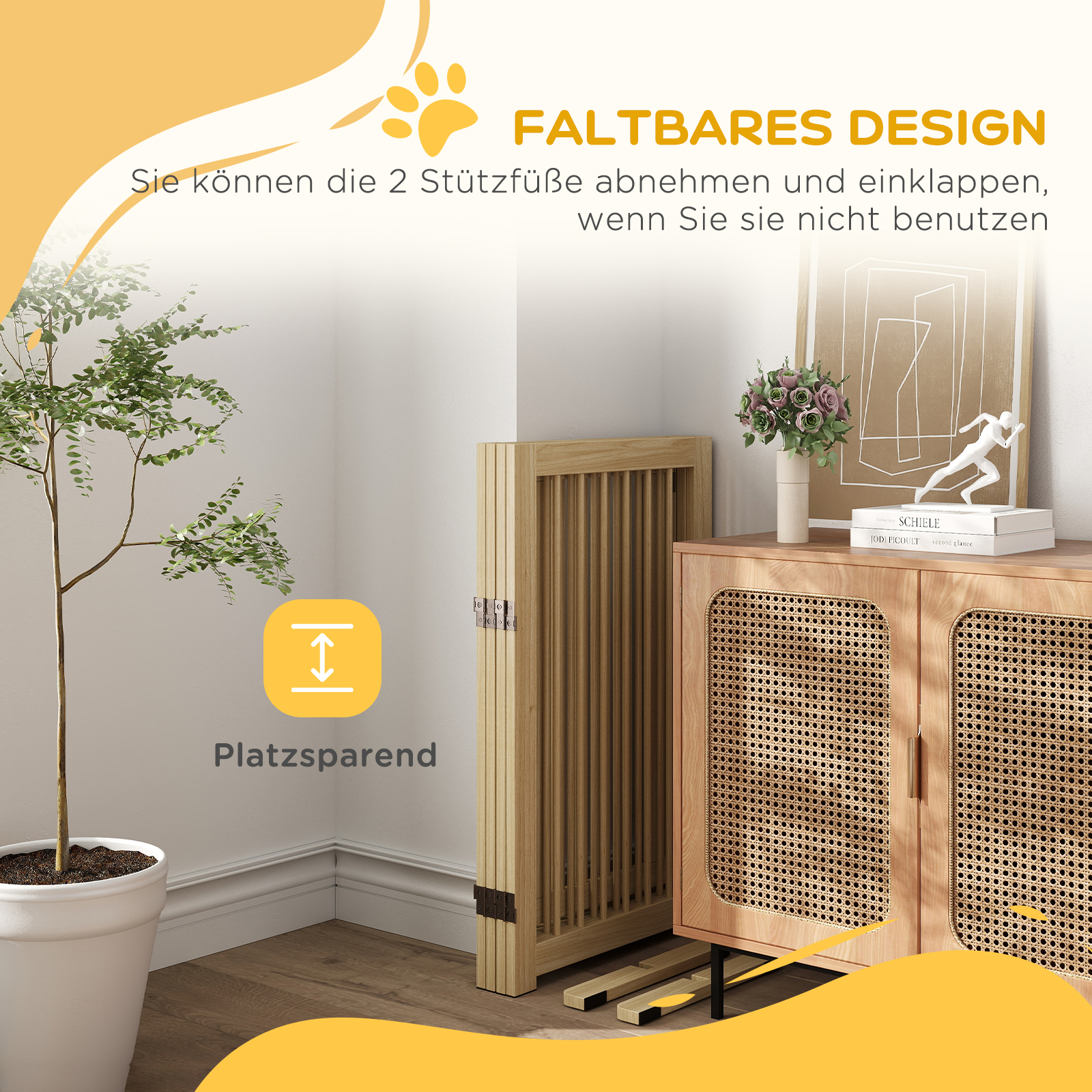 Hunde-Absperrgitter, freistehend, klappbar, Tür & Füße, Holzrahmen, 220x36x91cm