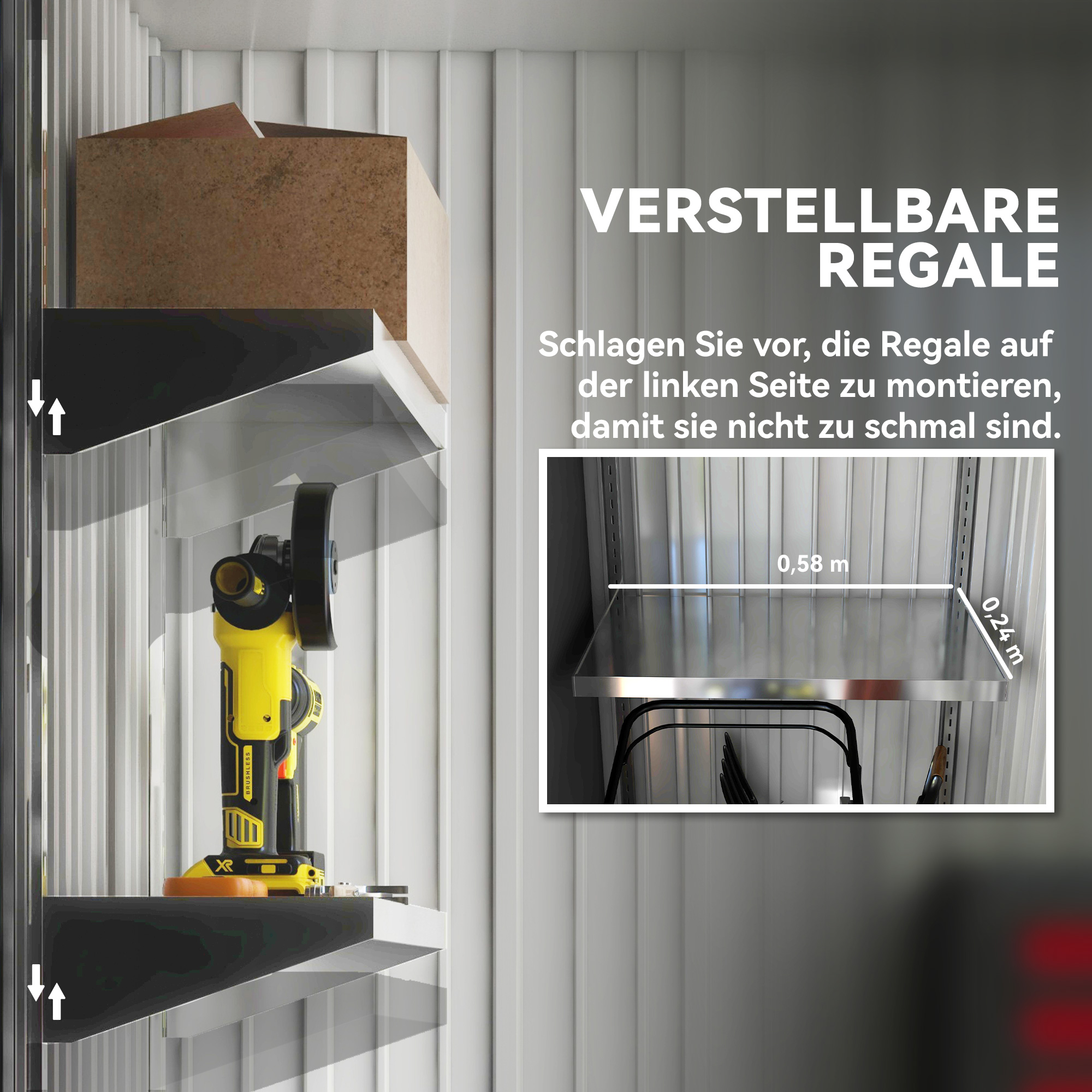 Gartenschuppen, Outdoor-Geräteschuppen aus Wellstahl, Wanddesign, verstellbare Regalböden, verschließbare Tür, Grau