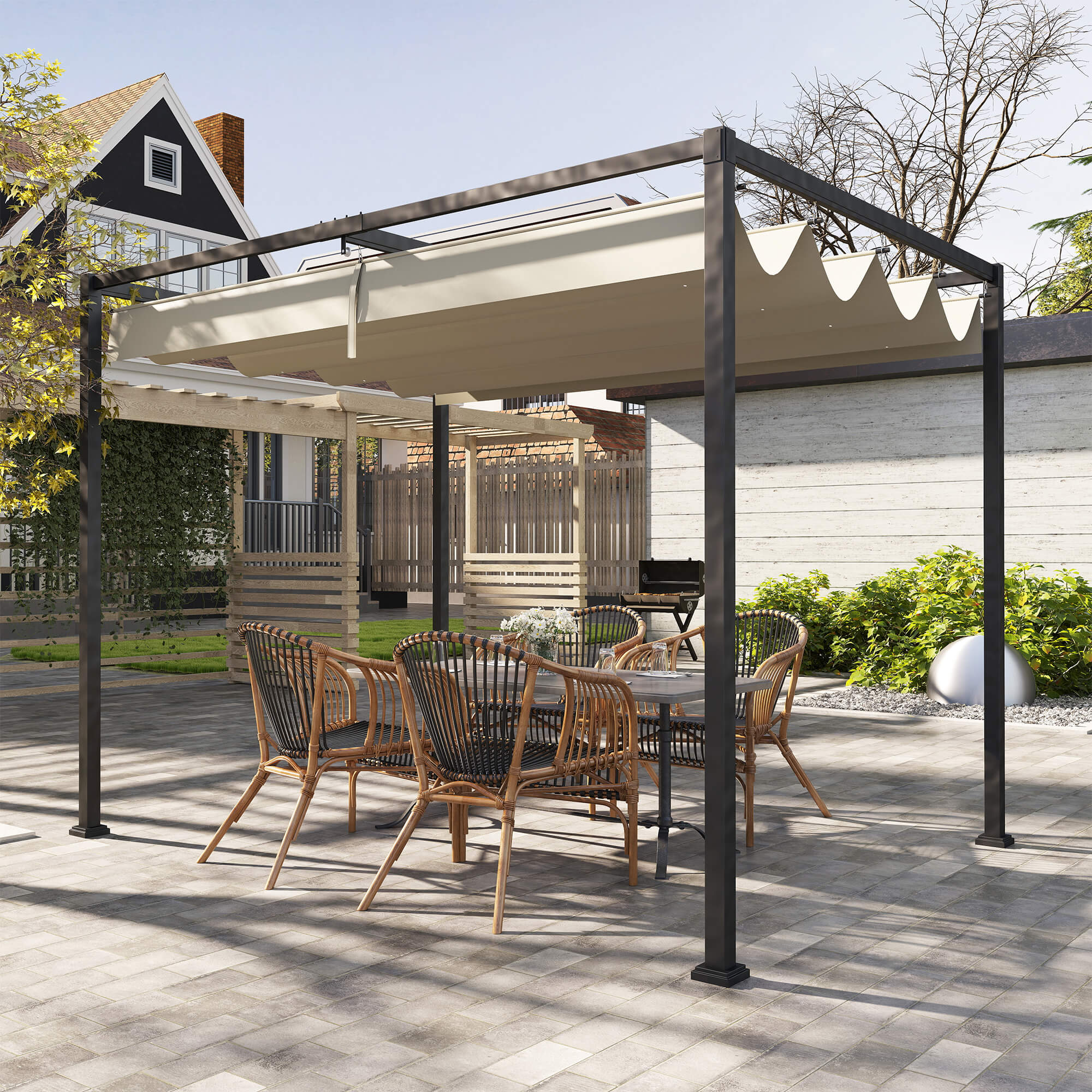 Pergola, Robuster Sonnenschutz für Garten, Balkon, Terrasse, aus Metall und Kunststoff, UV- und wasserabweisend, Khaki