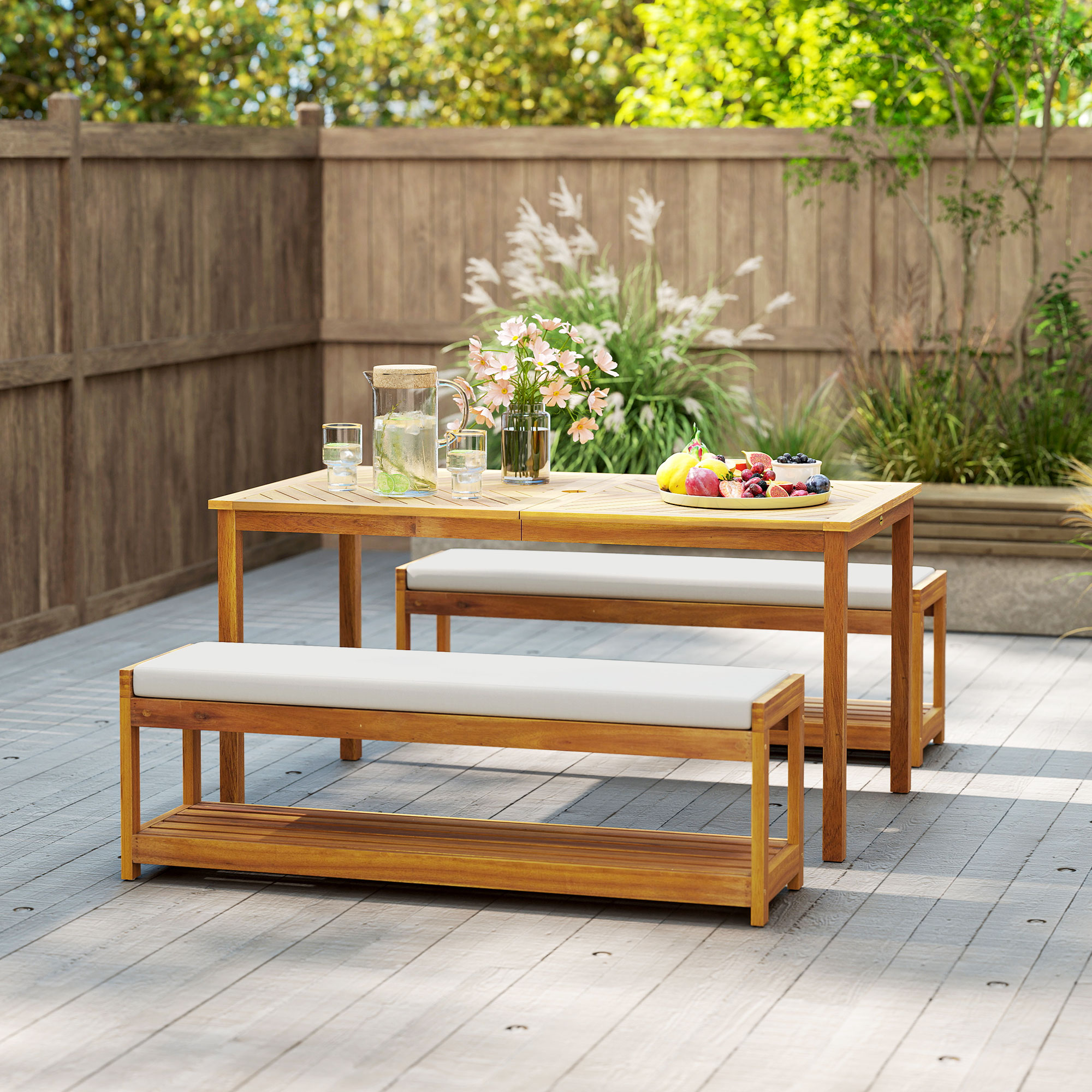 3 tlg, Gartenmöbel-Set, Sitzgarnitur inkl, 1 Esstisch mit Schirmloch, 2 Bänke 150 x 85 x 75 cm Teak