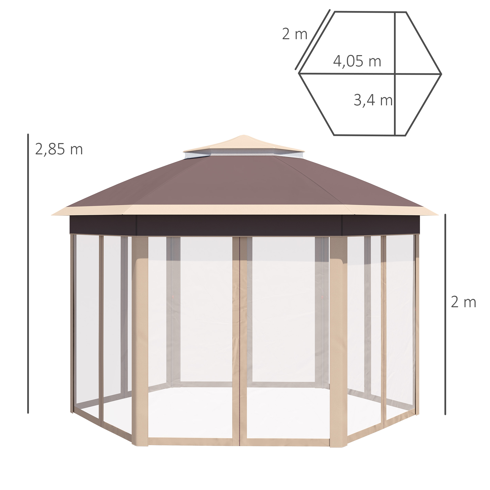 Pavillon 4x4m Wasserdicht Pop-up sechseckiger Faltpavillon, Doppeldach, Gartenpavillon mit 6 Seitenteilen, Partyzelt inkl. Tragetasche, für Garten, Terrasse, Festival, Beige+Khaki