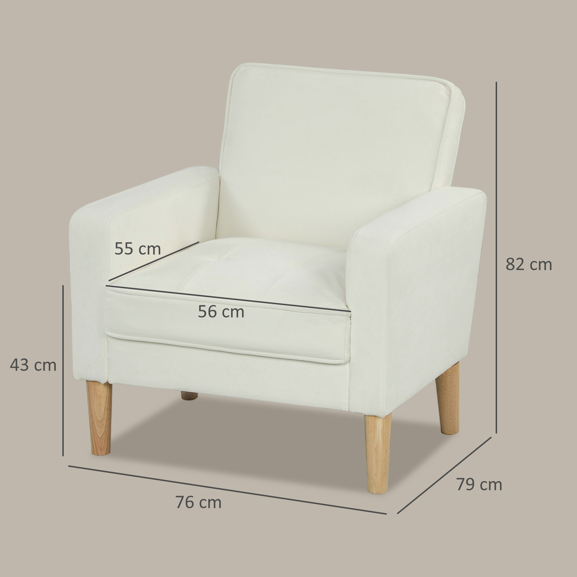 Polstersessel mit Armlehnen, neigbare Rückenlehne, Kautschukholzbeine, Cremeweiß