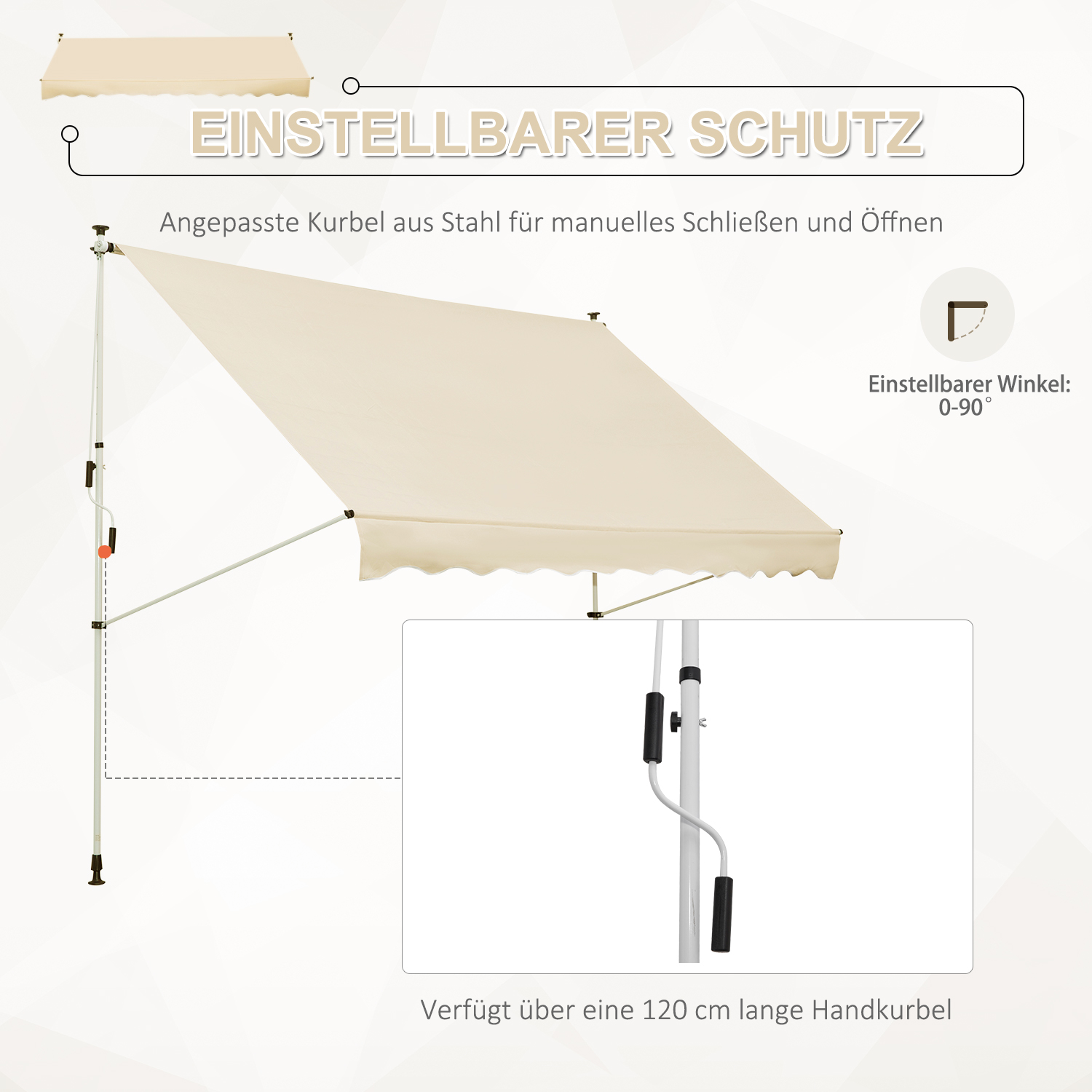 Klemmmarkise mit Handkurbel höhenverstellbar Gelenkarmmarkise schmutzabweisend, witterungsbeständig Balkonmarkise 150cm breit Terrassenmarkise für Terrasse Balkon Veranda Beige