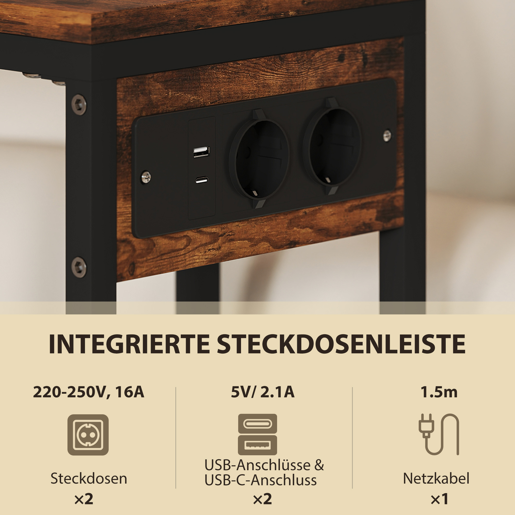 Beistelltisch mit Steckdosen, USB-Anschlüssen, Kabel, C-förmiges Design