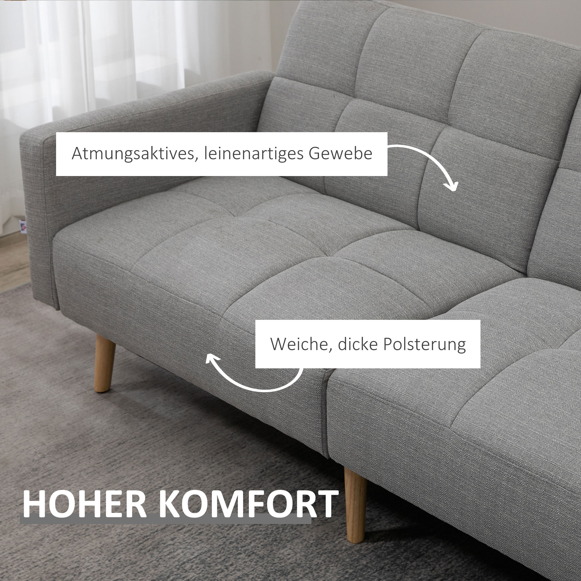 2 in 1 Schlafsofa 205 x 88 cm Sofa mit Bettfunktion, Couch mit Sitzkissen, Leinenoptik Grau