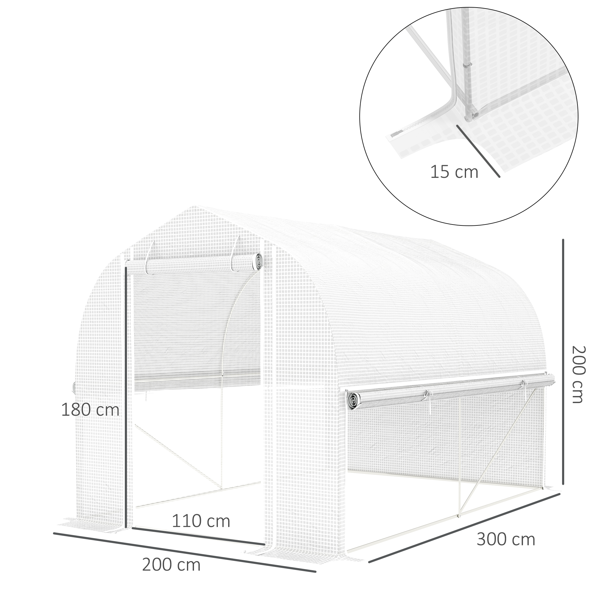 3 x 2 x 2 m Polytunnel-Gewächshaus mit aufrollbaren Seitenwänden, UV-beständiger Kunststoff-Plane und Stahlrahmen, Weiß