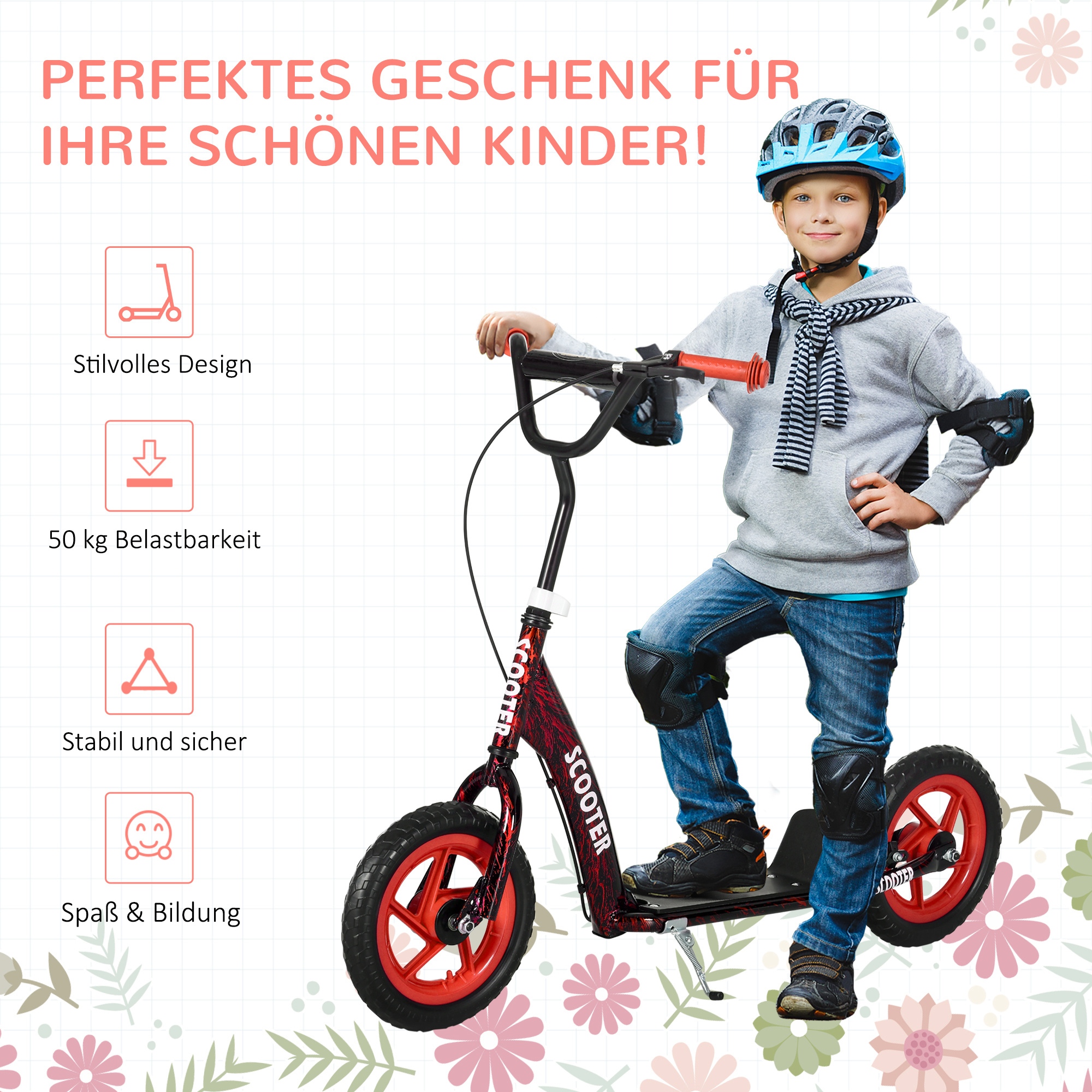 Kinderroller, höhenverstellbarer Tretroller für Kinder, mit Bremse, Ständer, 2 Räder, 50 kg Belastbarkeit, Stahl, Kunststoff, Rot