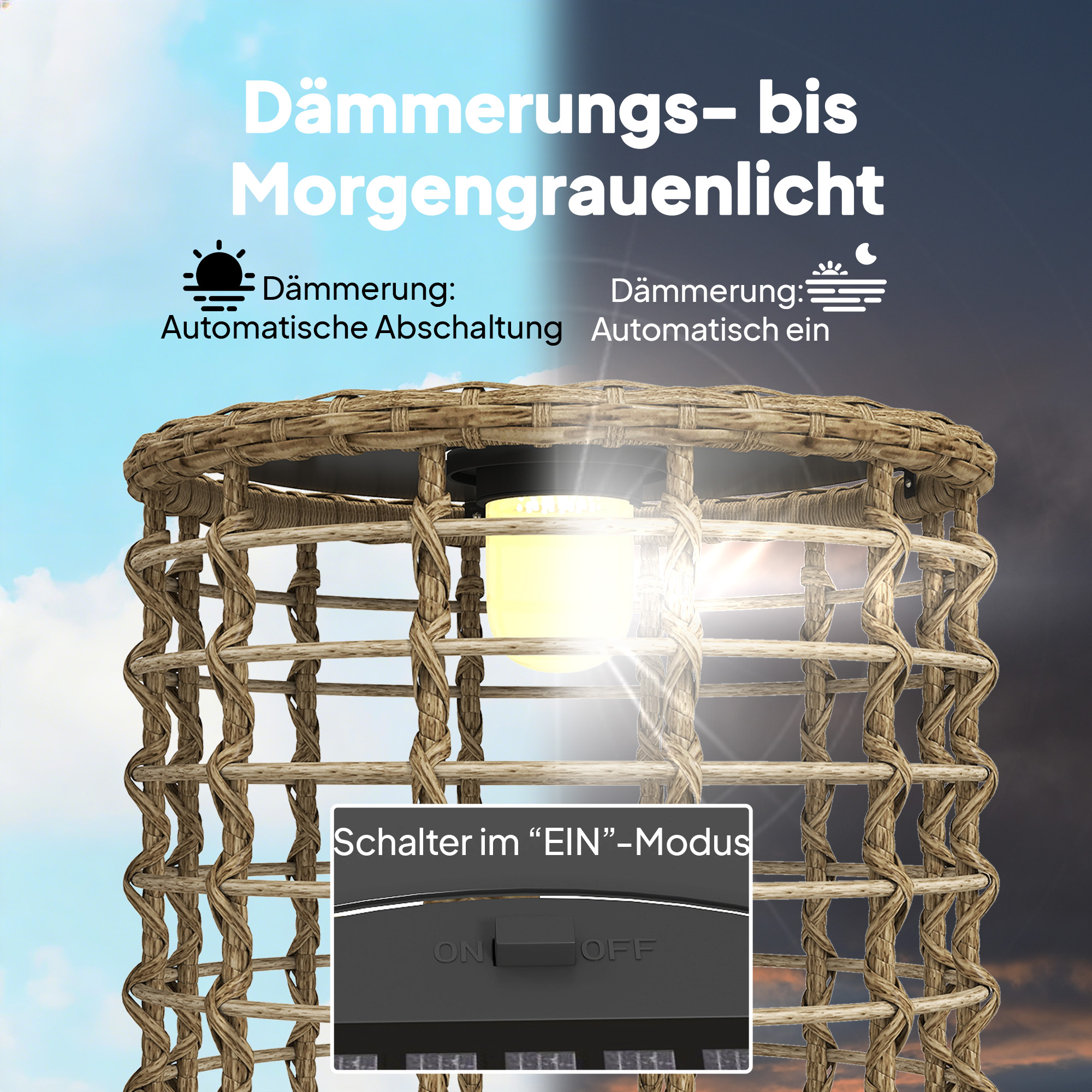 Solar Stehlampe 2er Set Rattan Solarlampen mit Lichtsensor LED Solarleuchte im Boho-Stil IP44