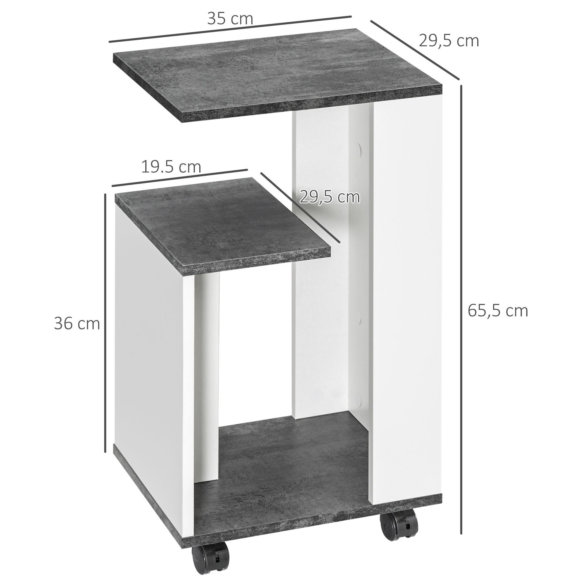 Nachtschrank, mit 4 Rollen, 3 Regale, 35 x 29,5 x 65,5 cm, Grau/Weiß
