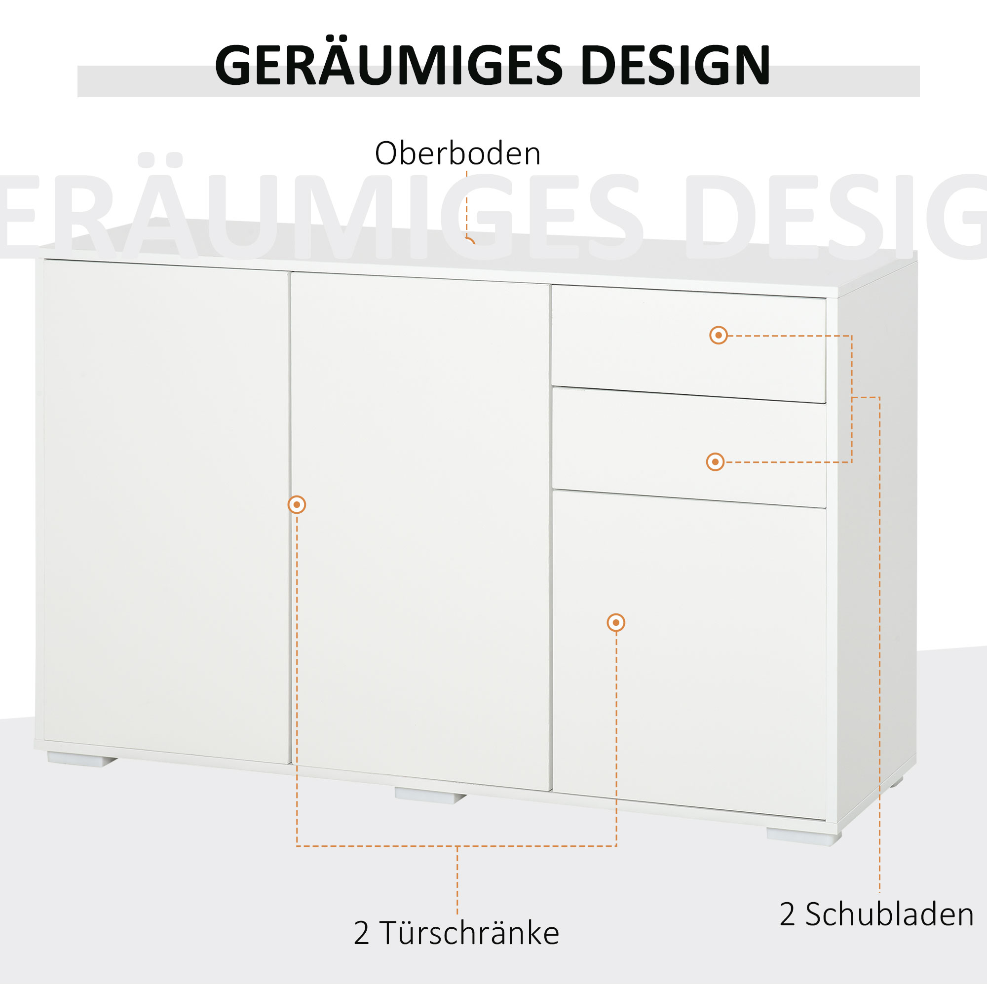 Sideboard Kommode Anrichte, 2 Schubladen, Push-Click, 117 cm x 36 cm x 74 cm, Weiß