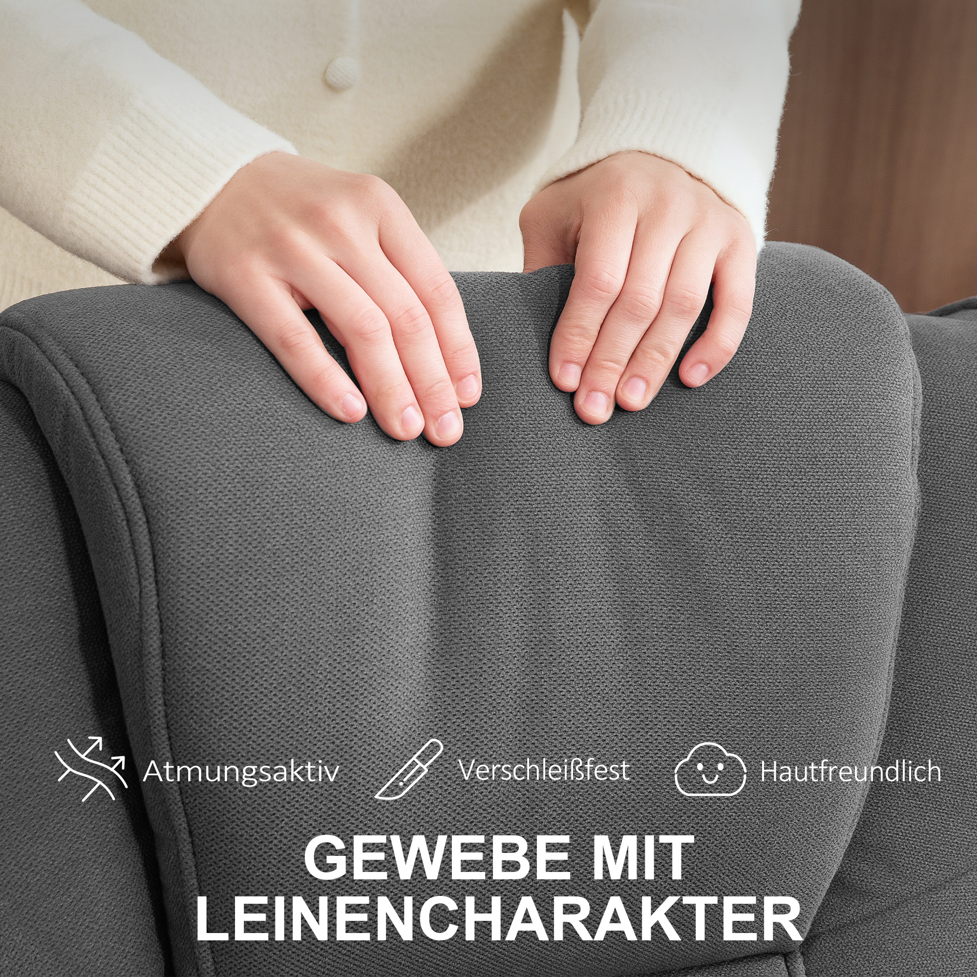 Schaukelbarer Relaxsessel mit Fußhocker, Stoffbezug in Samtoptik, drehbarer Polstersessel, Holzgestell, Grau