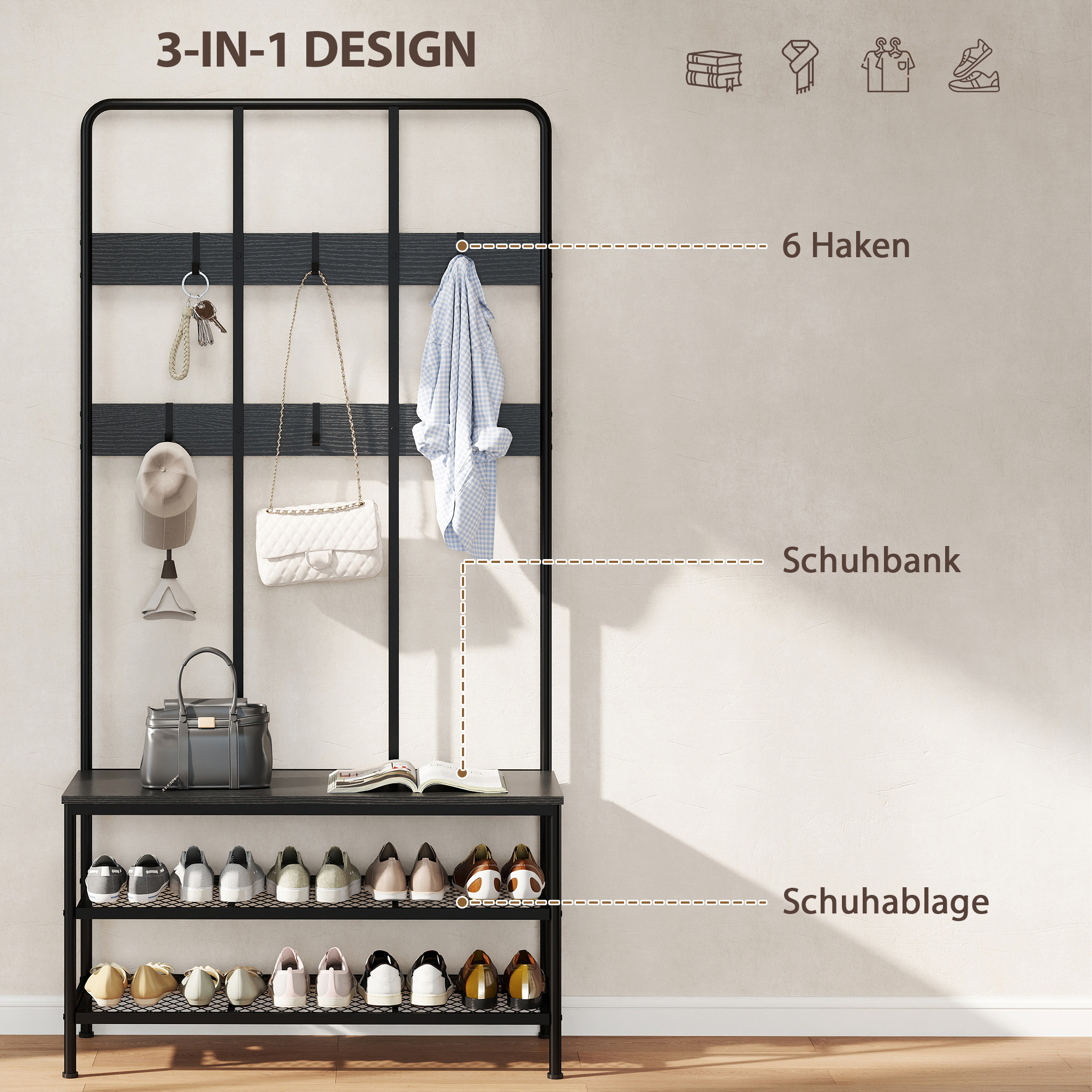 3-in-1 Garderobenständer, Kleiderhaken, Sitzbank, Schuhregal, Metall, Spanplatte, Schwarz