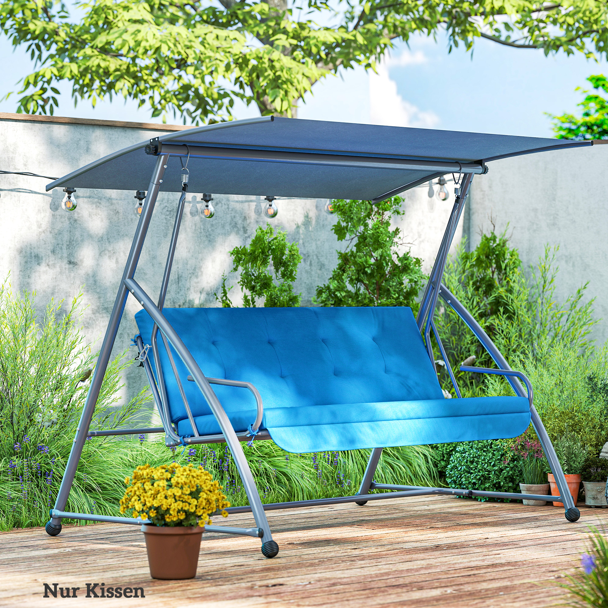 Auflagen-Set für Hollywoodschaukel 170 cm Stuhlkissen Schaukelauflage Sitzkissen Gartenschaukel Gartenpolster Rückenkissen Seitenkissen Blau