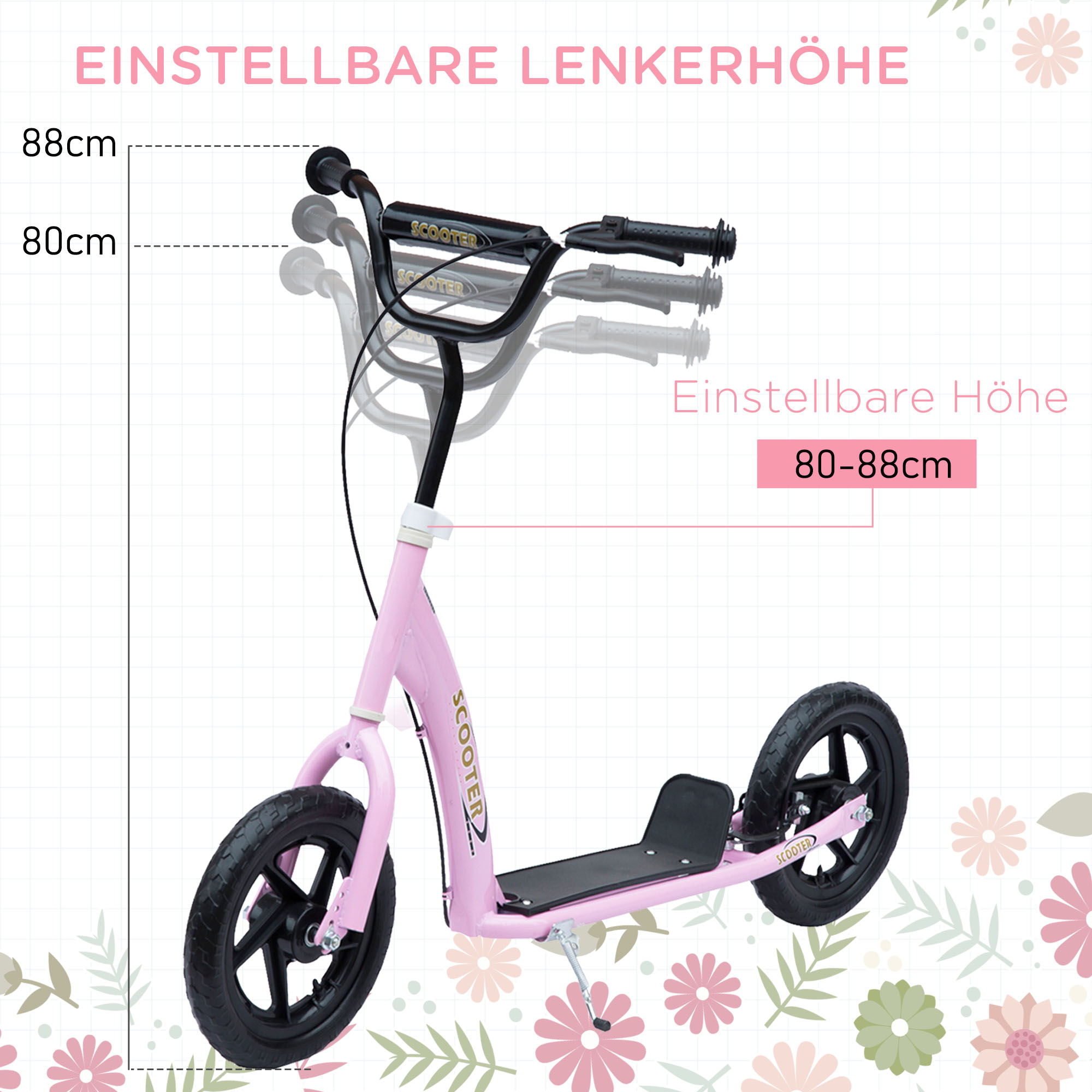 Tretroller, Scooter für Kinder, mit Handbremse, Ständer, 12 Zoll Räder, ab 5 Jahren, Stahl, Rosa 120 x 52 x 88 cm