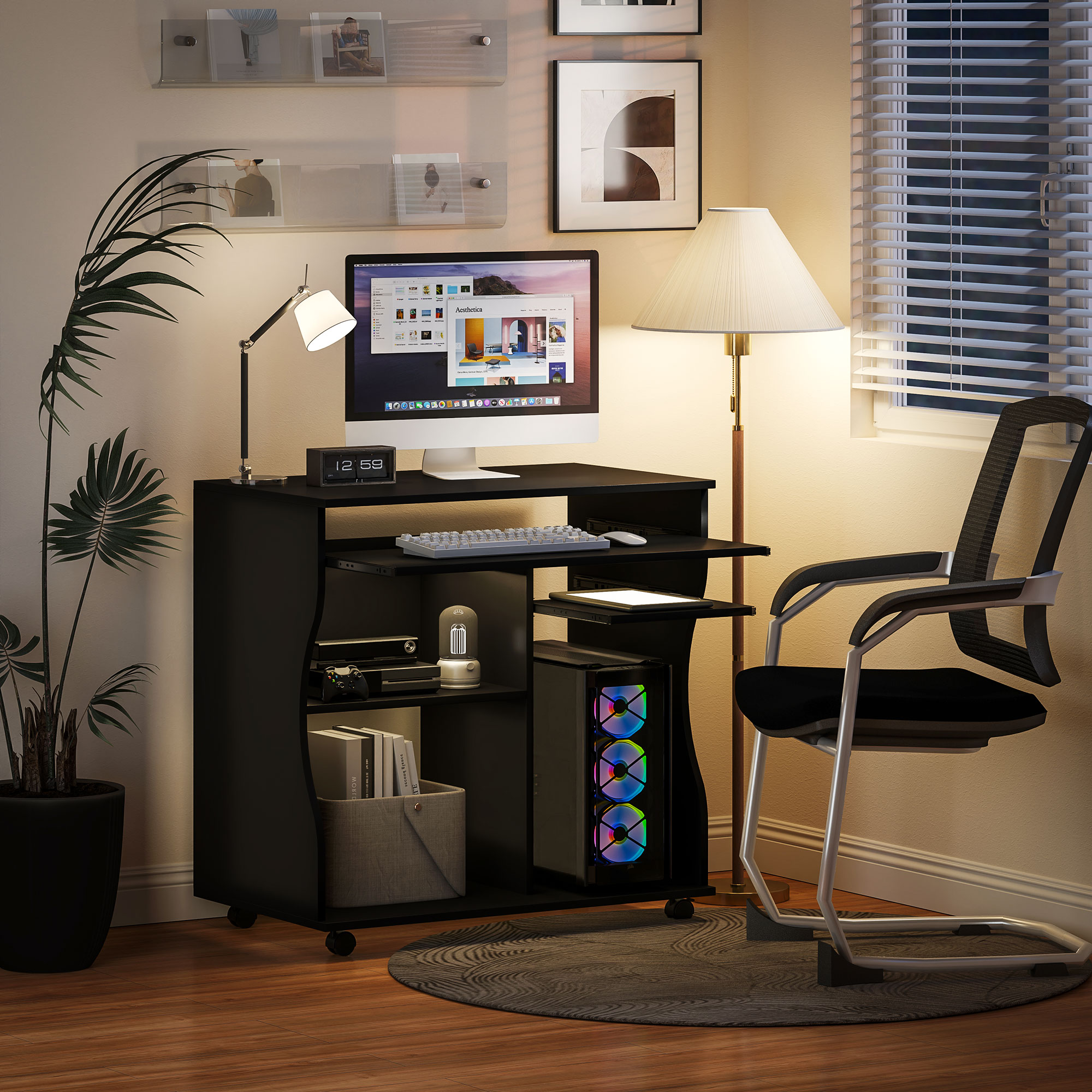 Computertisch mit Rollen, Schreibtisch mit Stauraum, 80 x 48 x 75 cm, Schwarz