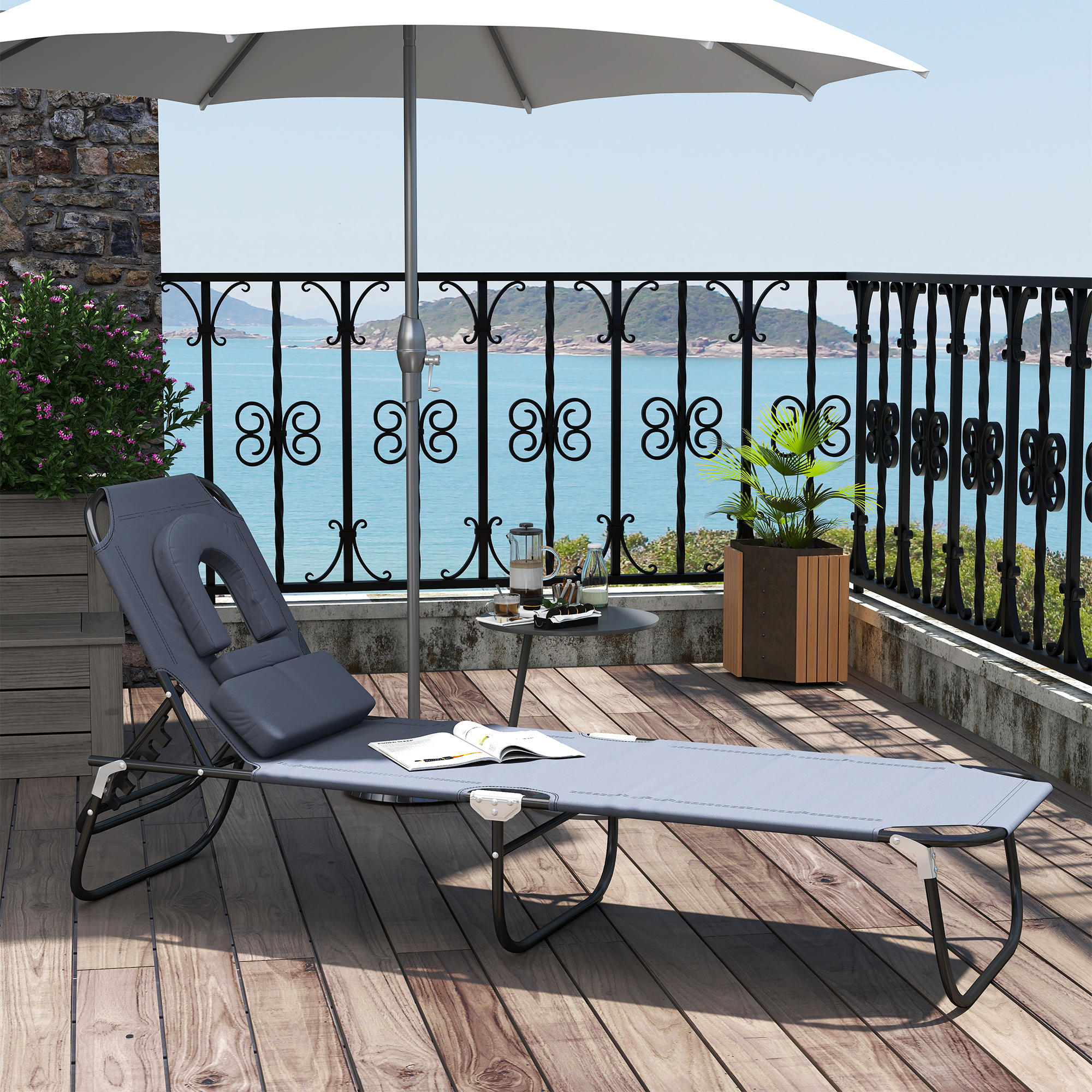 Sonnenliege klappbar Gartenliege mit Kopfkissen Liegestuhl mit 4-Fach verstellbare Rückenlehne Campingliege mit Lesefenster Gartenstuhl bis 120kg belastbar für Garten, Balkon Grau