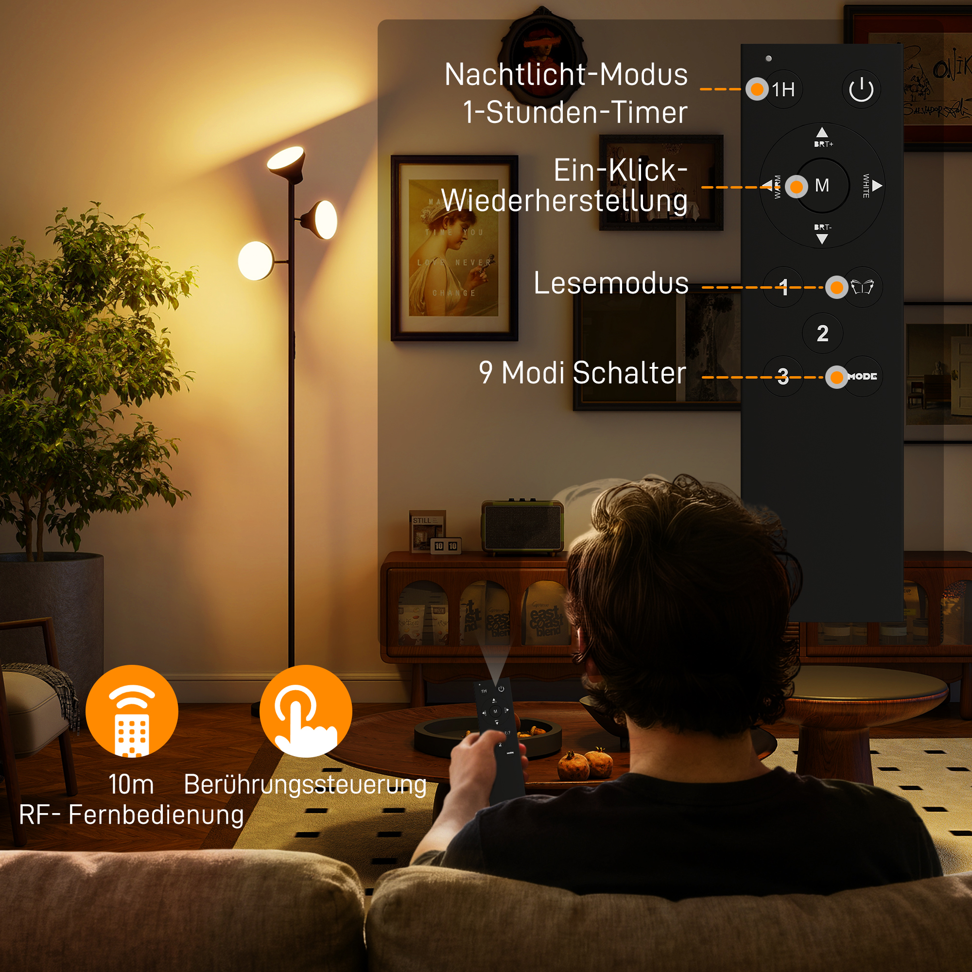 Stehlampe Dimmbar mit Leselampe, Stehleuchte RGB Farbwechsel mit Fernbedienung Touch-Steuerung 3 drehbare Köpfe Schwarz