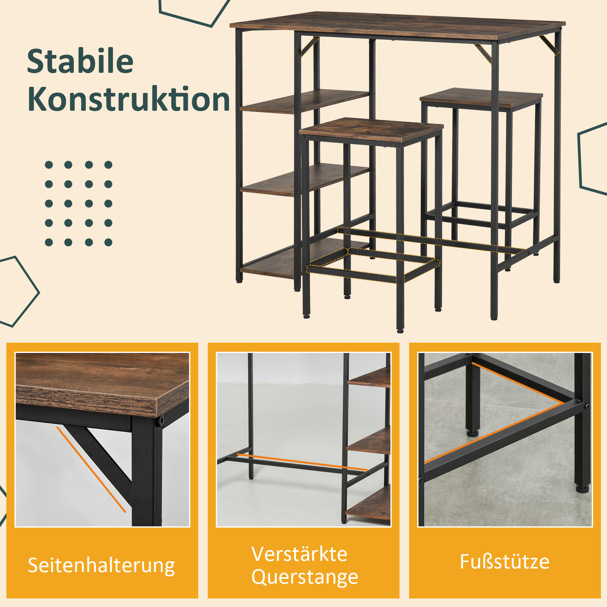 Bartisch-Set Stehtisch mit 2 Barhockern Essgruppe 3-teiliges Tischset Küchentresen mit Regale Spanplatte Stahl Rustikales Braun+Schwarz 109 x 60 x 100 cm