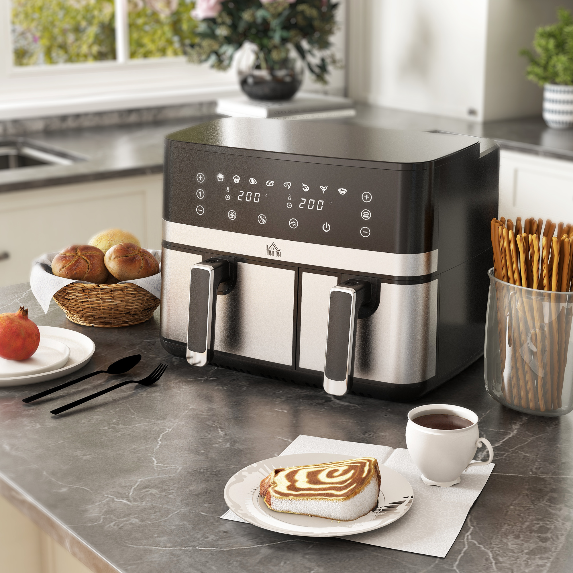 Heißluftfriteuse Friteuse, 2700 W, 8 Einstellungen, 41,8 cm x 39,2 cm x 31,1 cm, Schwarz + Silber