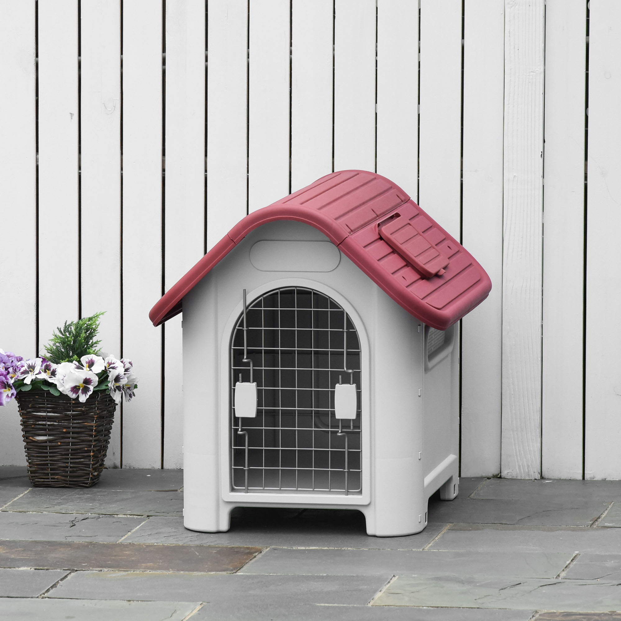 Hundehütte Outdoor Hundehaus mit Dachluke Tor Unterschlupf für kleine Hunde Kleintierstall Luftzirkulation wasserdicht Metall Kunststoff Rot+Hellgrau 59 x 75 x 66 cm