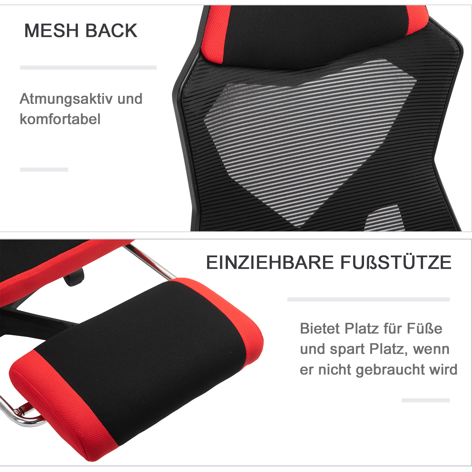 Ergonomischer Bürostuhl, Gaming Stuhl, Drehstuhl mit Fußstütze, PC Stuhl, Chefsessel,  höhenverstellbar, Polyester, Schwarz+Rot,58 x 63 x 112-122 cm