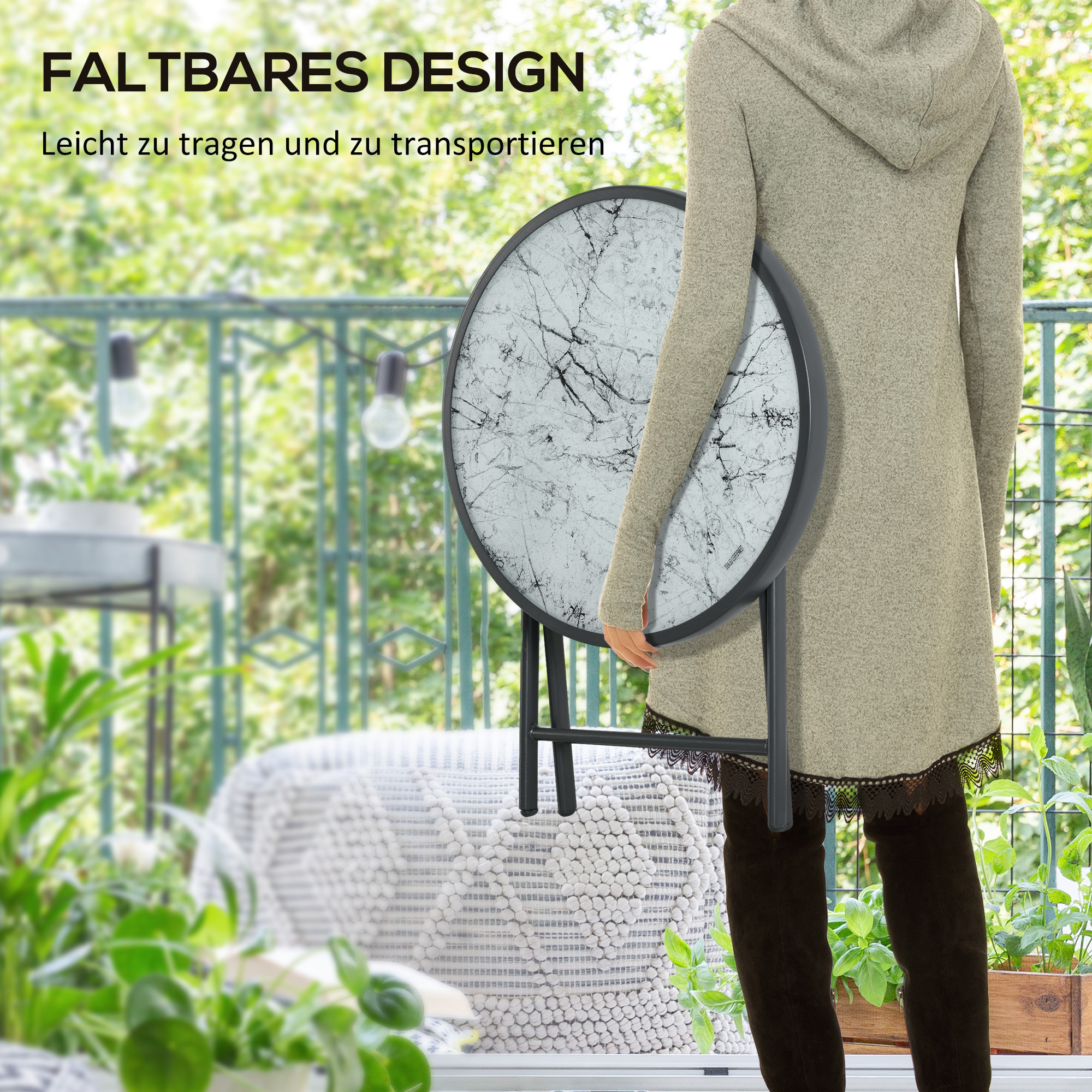 Klappbarer Beistelltisch, Outdoor-Klapptisch, mit Tischplatte aus gehärtetem Glas, für Terrasse, 45 x 45 x 50 cm, Weiß