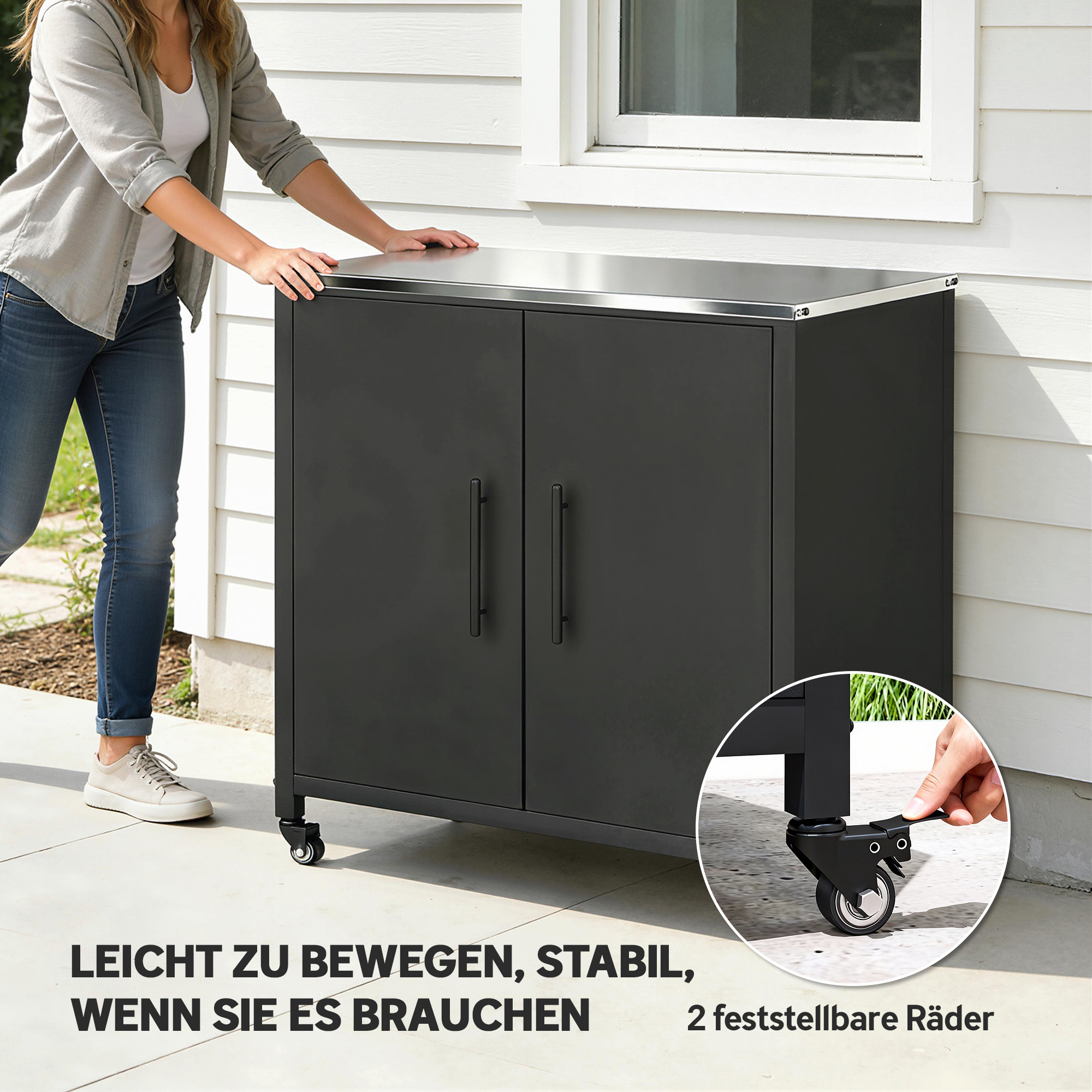Gartenschrank mit Pflanztisch Geräteschuppen mit Edelstahl Arbeitsplatte abnehmbar Regal magnetisch Doppeltür Rolle