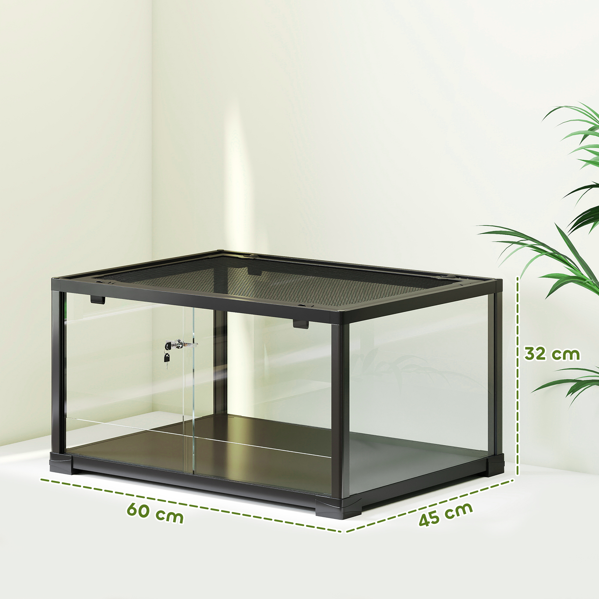 Reptilien-Terrarium, 86 Liter Vivarium mit Schiebetür, verschließbar, für Echsen, Insekten, Spinnen, Geckos, 60 x 45 x 32 cm, Schwarz