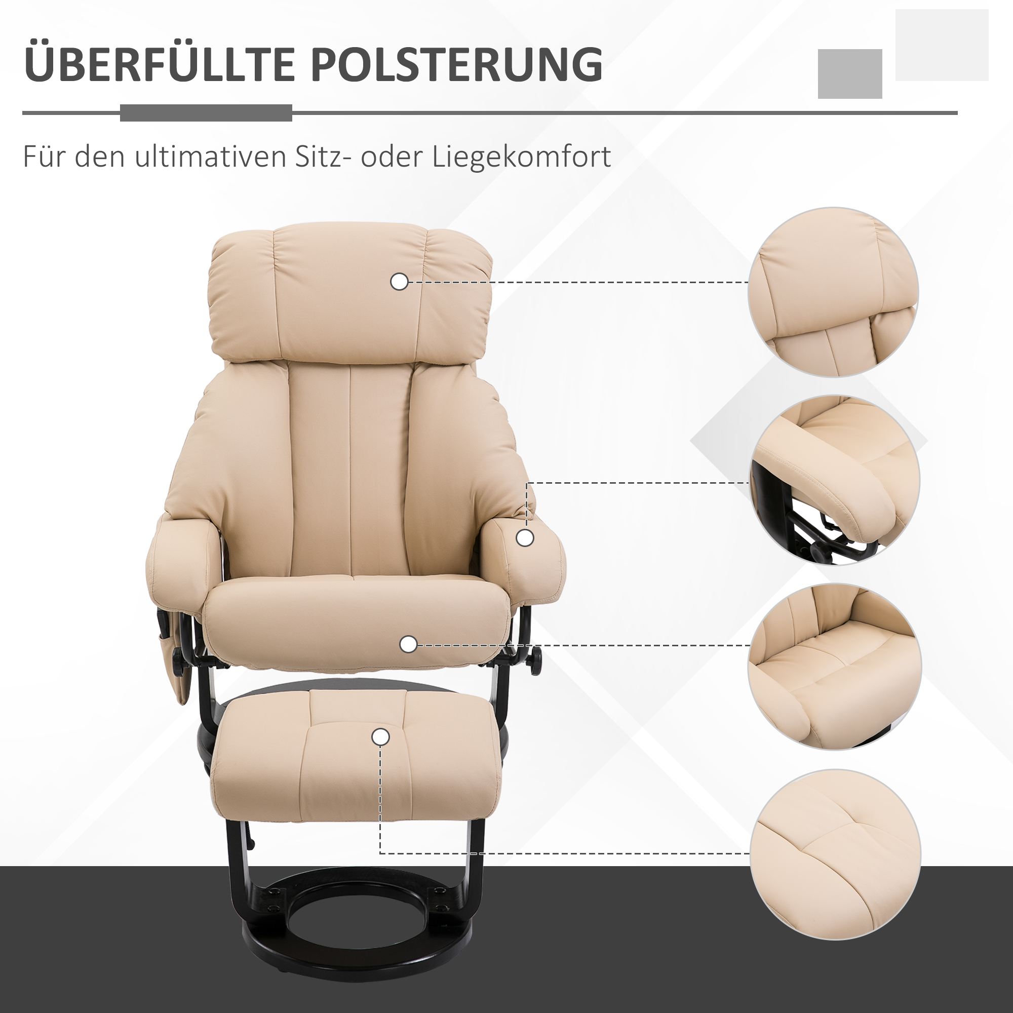 Relaxsessel mit Hocker, drehbarer Fernsehsessel mit Massagefunktion, Liegefunktion, Massagesessel mit Fernbedienung, Seitentasche, Ruhesessel aus Kunstleder für Wohnzimmer Cremeweiß