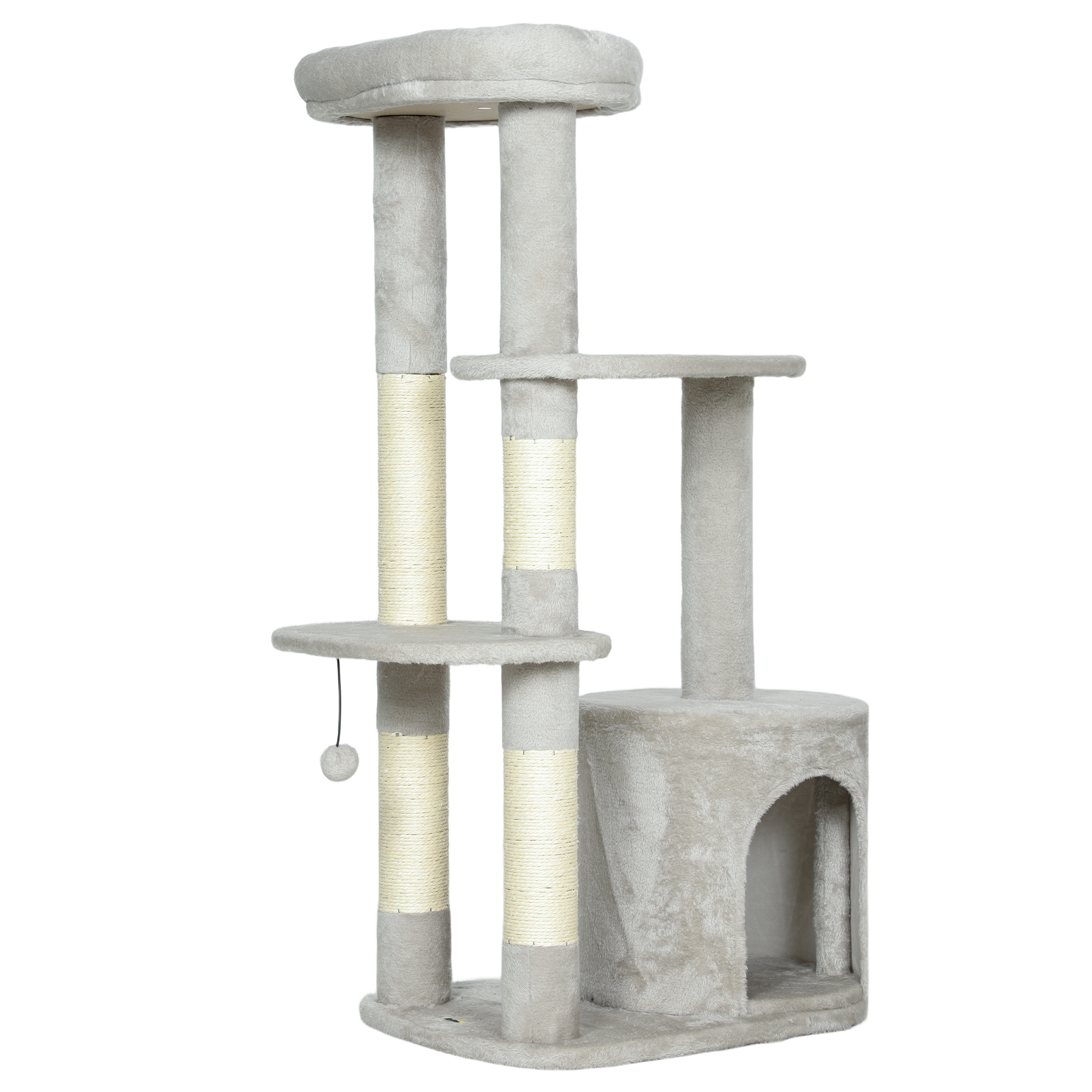 Kratzbaum 114 cm Katzenturm mit Höhle, Sisalstämme, Plattform, mehrstöckig ür mittelgroße Katzen unter 6 kg, Hellgrau