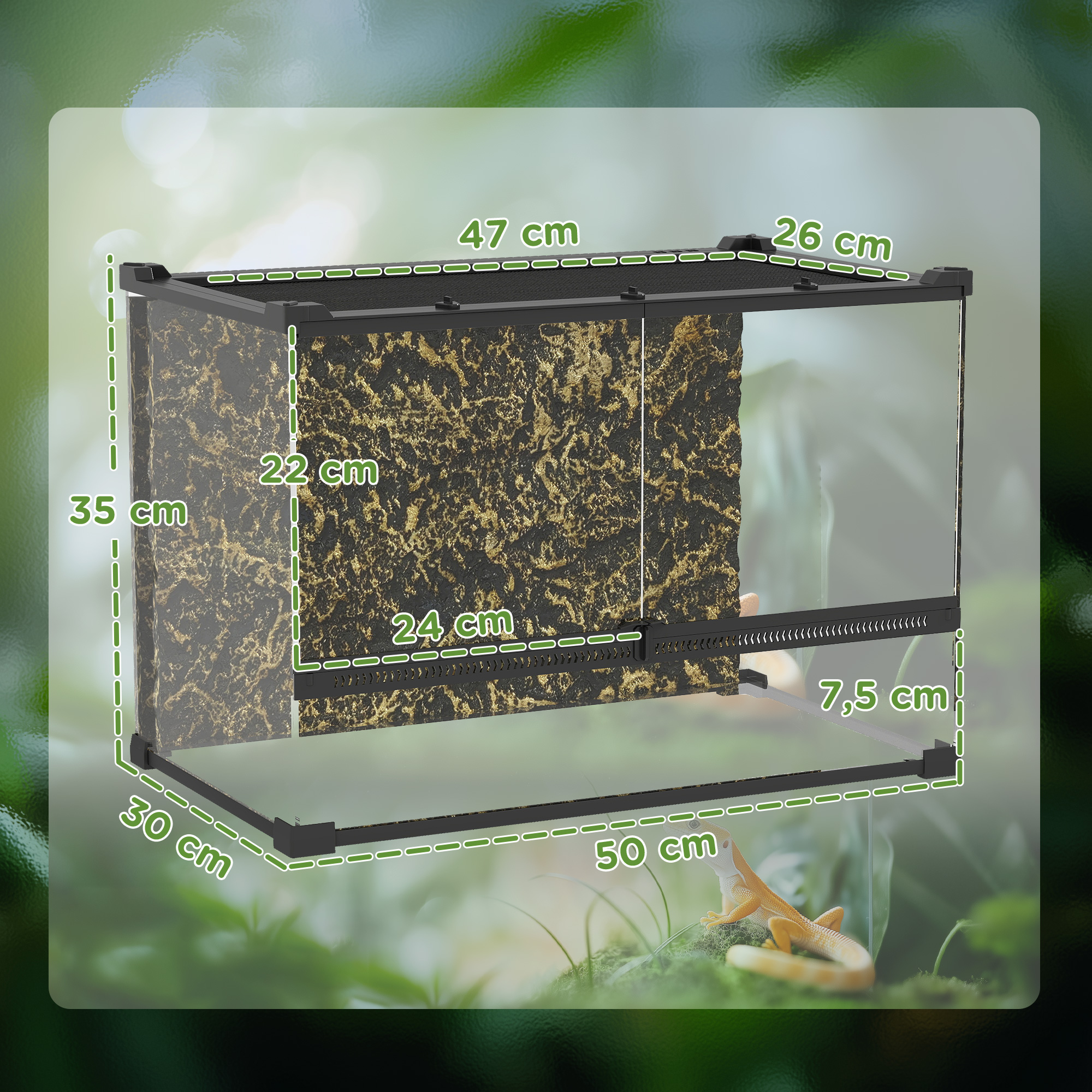 Terrarium für Reptilien Glasterrarium 48L mit Frontbelüftung Steinrückwand Drehverschluss 50 x 30 x 35 cm Schwarz