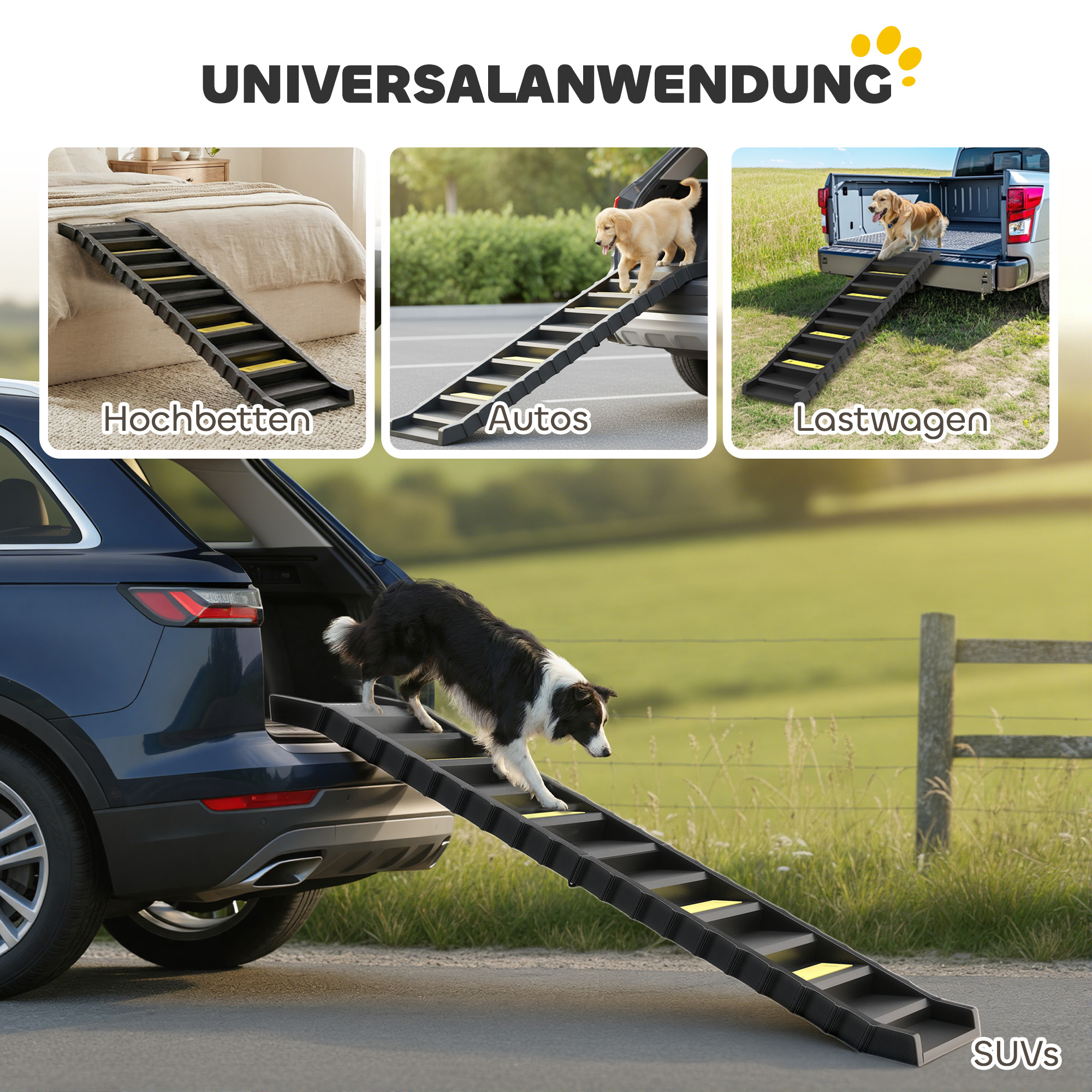 Hunderampe klappbar Hundetreppe Auto & SUV rutschfest Hundeautorampe für Große & Kleine Tiere bis 68 kg 154x40cm Schwarz