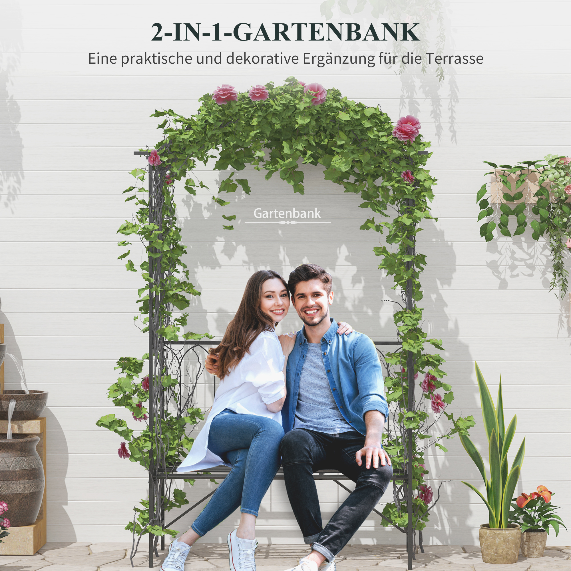 Rosenbogen mit Bank Rosenbank Laubenbank Philosophenbank Rankgitter Rankhilfe Gartenbank Metall Schwarz 115 x 50 x 203 cm