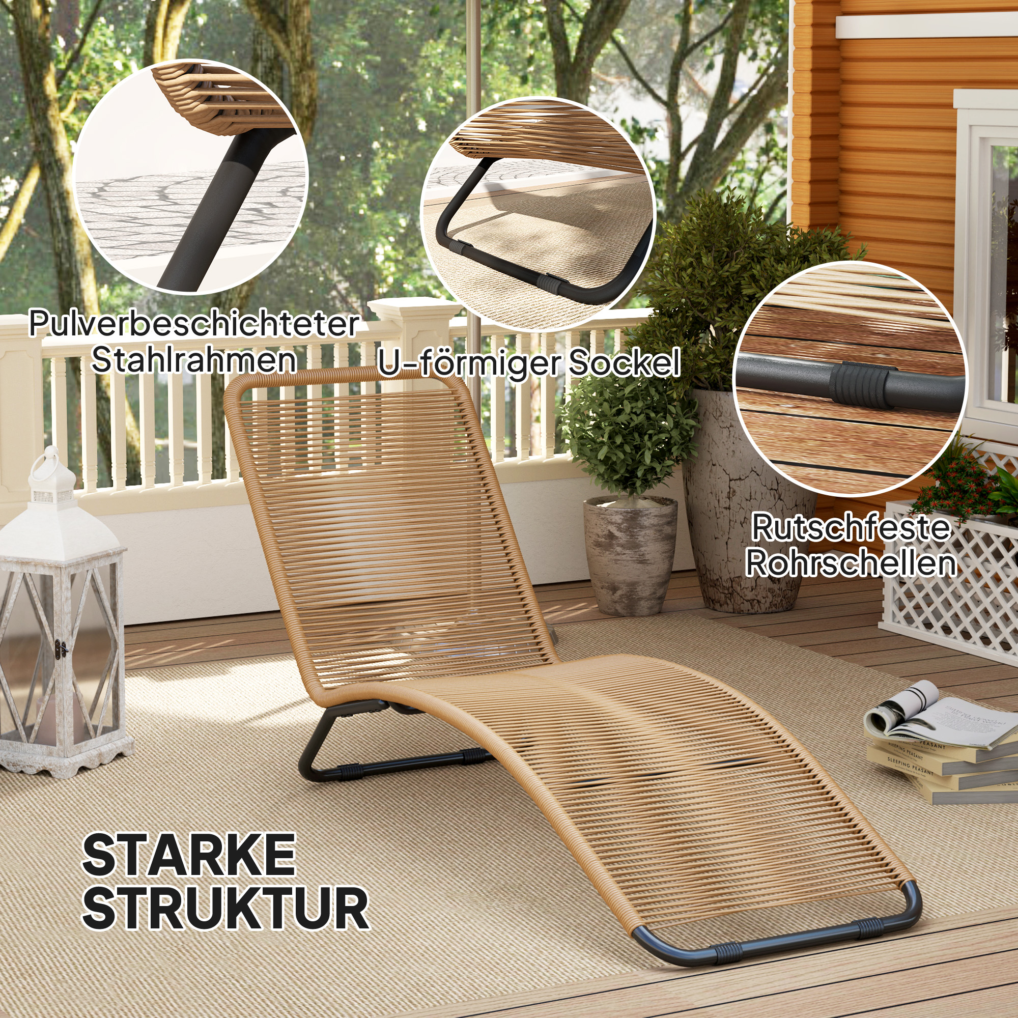 Rattan-Sonnenliege, S-förmiger Liegestuhl mit Rattangeflecht, Korbliege mit Stahlrahmen, Braun