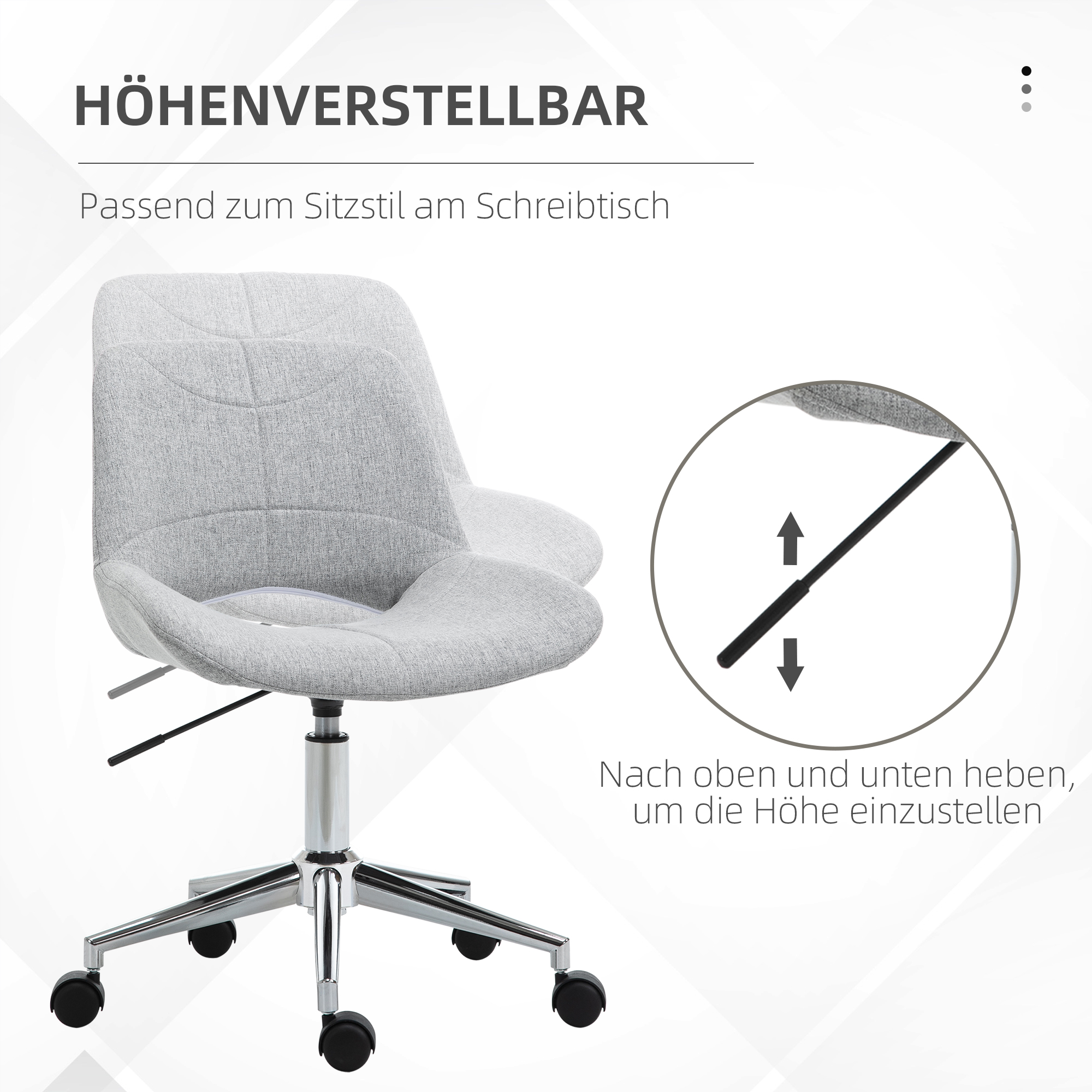Bürostuhl, höhenverstellbar, um 360° drehbar, bis 110 kg, Metallrahmen, hellgrau, 49 x 56,5 x 73-82,5 cm