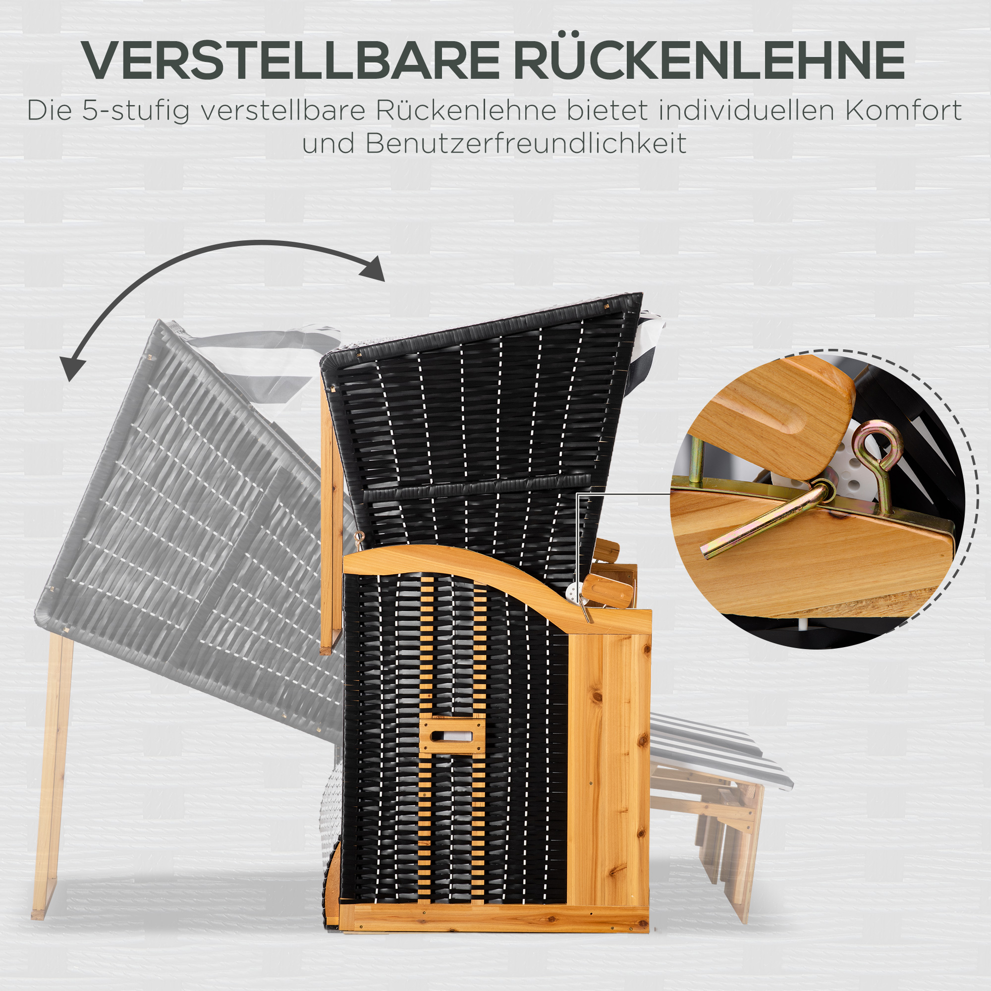 Strandkorb mit Fußstützen, Klapptisch und Nackenrollen, Outdoormöbel, Natur + Grau + Weiß