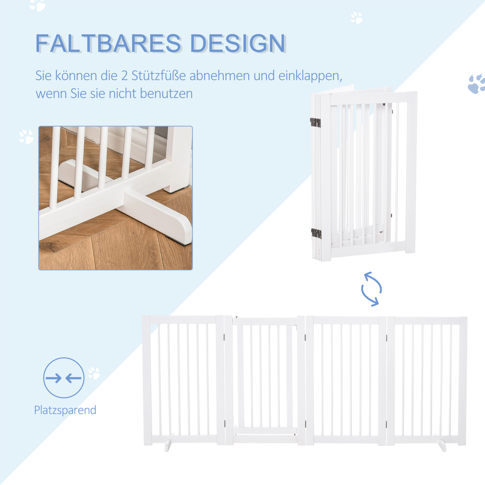 Absperrgitter Hund 4-teilig, 220 x 91 cm Faltbar Türschutzgitter mit Tür, Freistehend Hundegitter mit 2 Stützfüßen, Treppengitter aus Holz für Flur, Küche, Treppe, Weiß