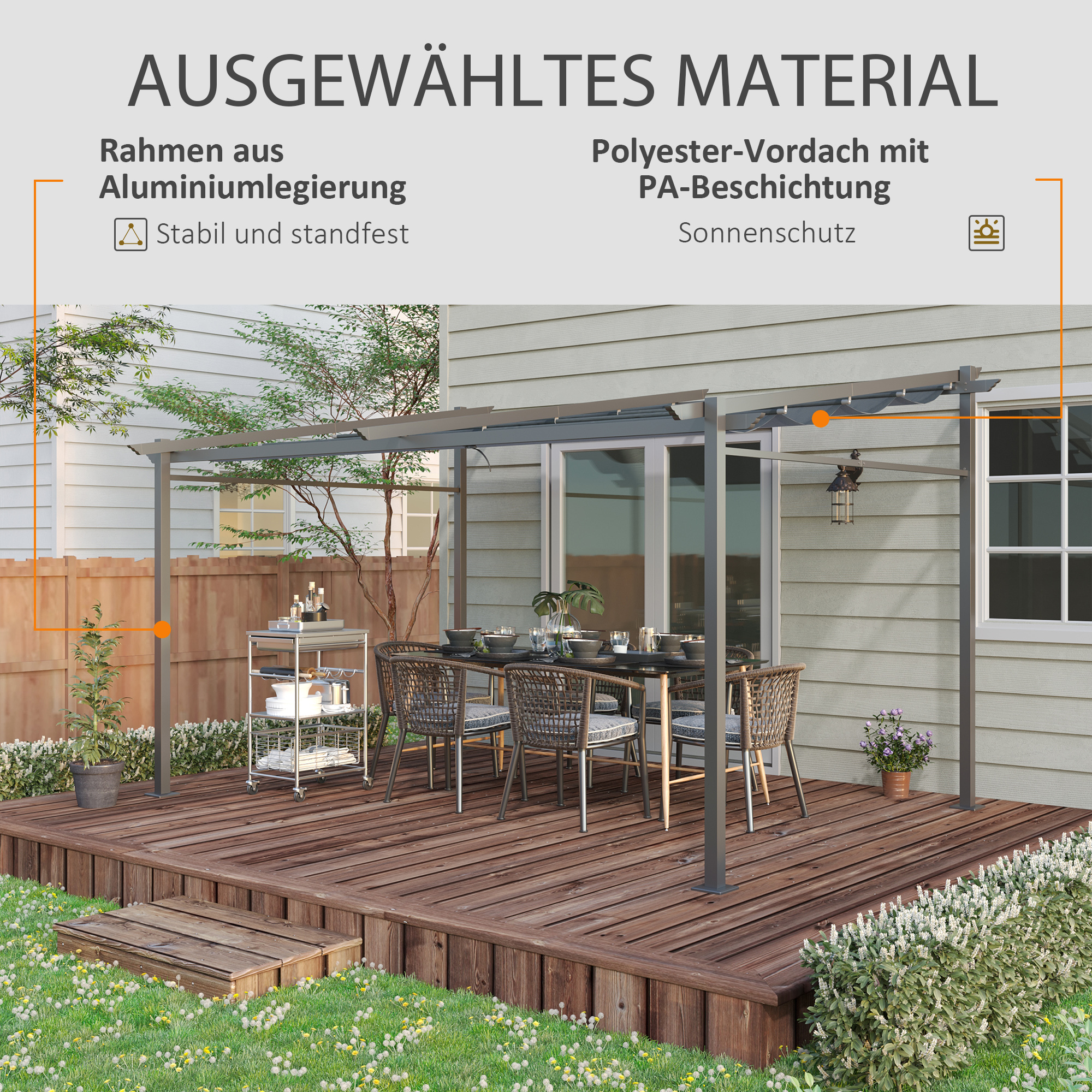 Pergola, inklusive Befestigungsmaterial, ausziehbares Dach, 3,97 m x 2,95 m x 2,3 m, Dunkelgrau